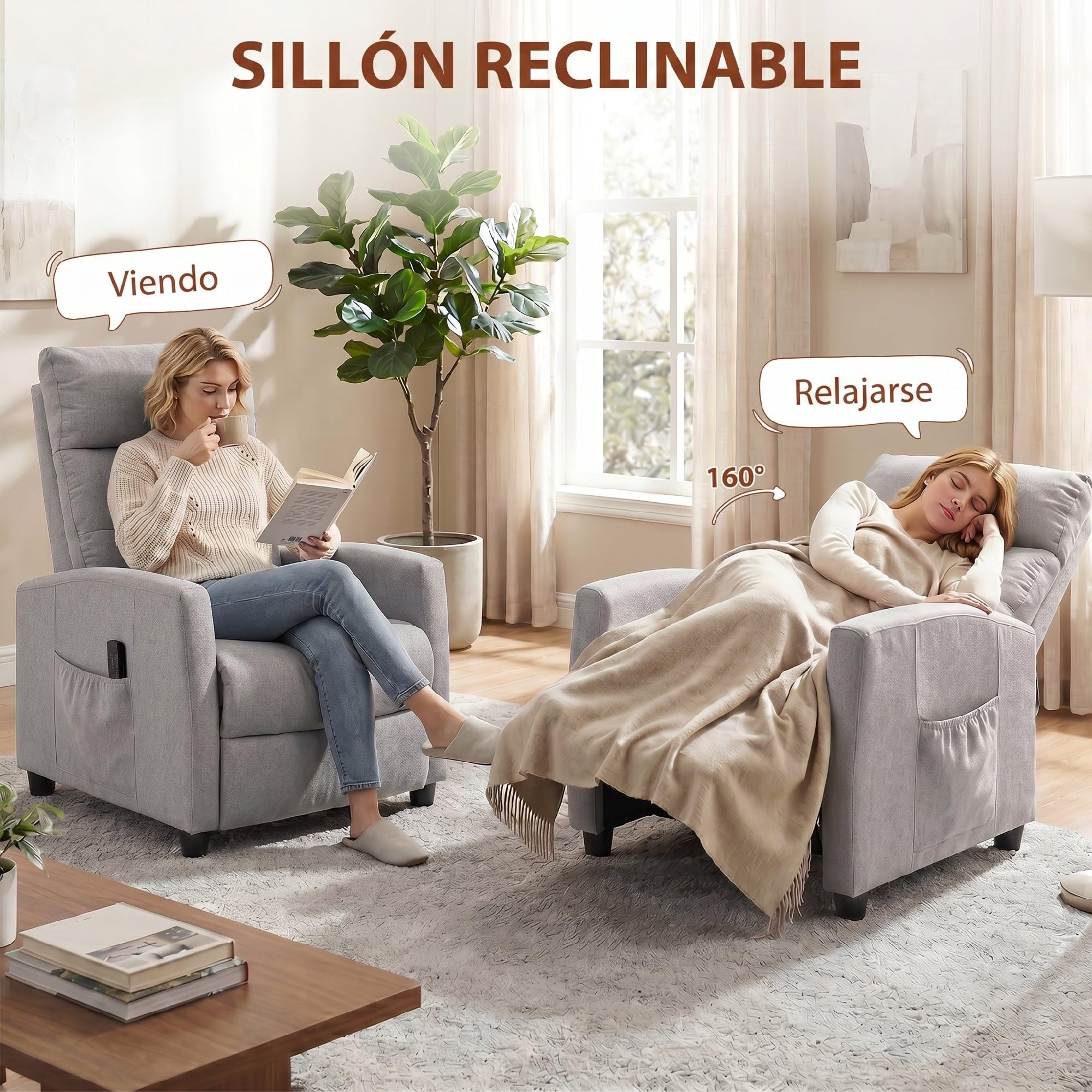 HOMCOM Sillón de Masaje Reclinable 160° Reposapiés 66x91x108 cm Gris Claro | Sillón Relax Reclinable, Mando a Distancia, 2 Zonas de Masaje, Respaldo Alto, Asiento Muelles, Bolsillos, Tapizado Chenilla