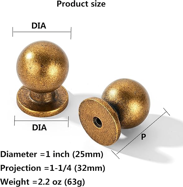 khtumeware 10 Pack 1 Inch (25mm) Diameter Round Solid Vintage Antique Brass Finish Kitchen Cabinet Knobs,Ball Cabinet knobs. - 2