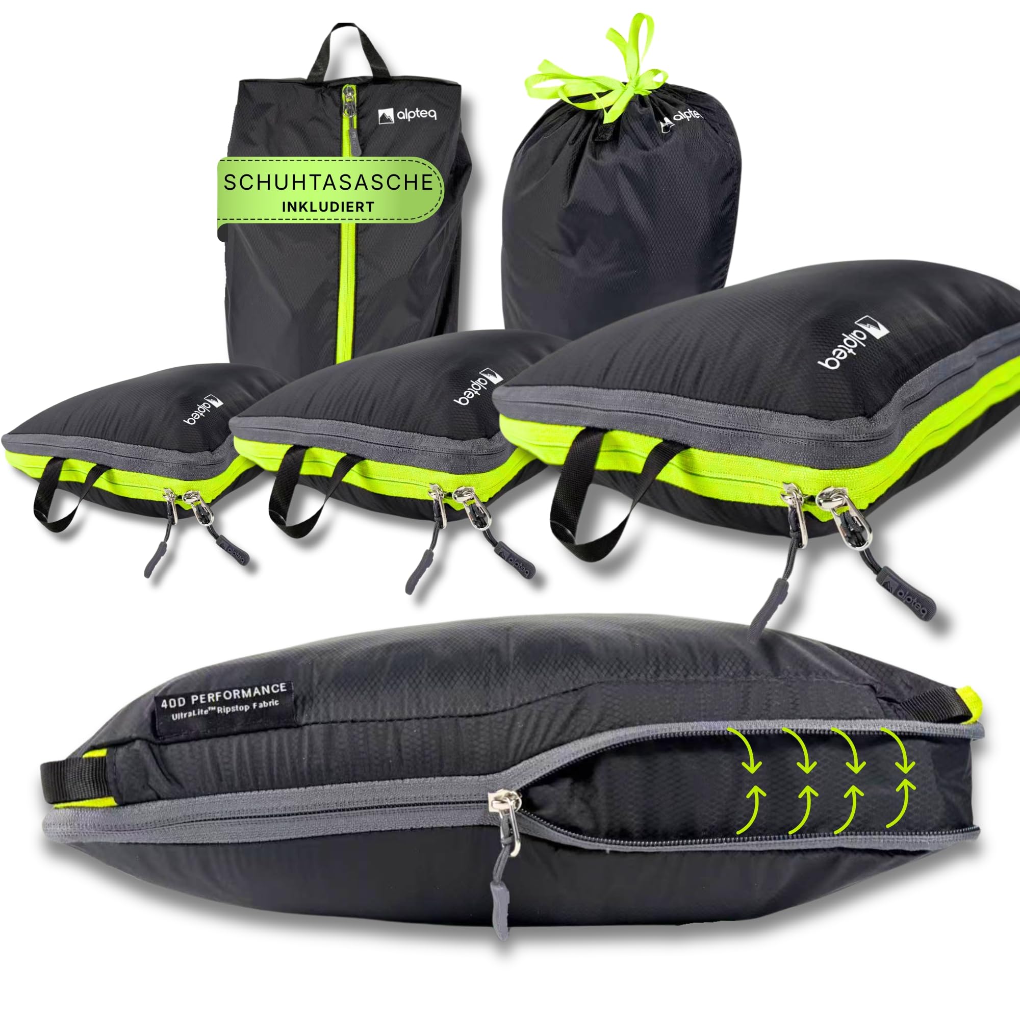 Alpteq® Profi-Packtaschen mit Kompression – 5-teiliges ultraleichtes Koffer-Organizer-Set, Packing Cubes aus wasserdichtem Stoff, Packwürfel für Reisen & Rucksack