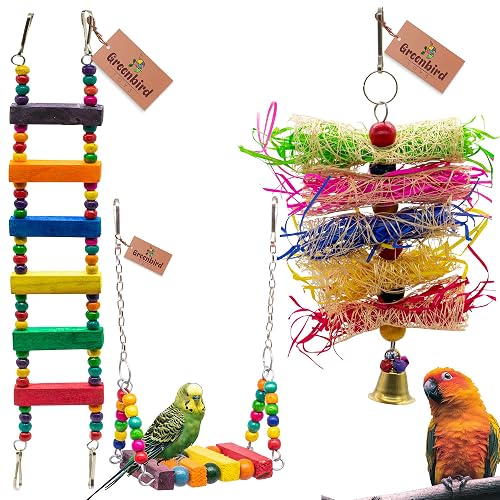 GREENBIRDS Combo of 3 Pcs Playful Bird Toys: Interactive Ladder, Swing, Crinkle Foraging Chew Perch for Love Bird, Cockatiel & Parrot (Multicolor Variant 2)