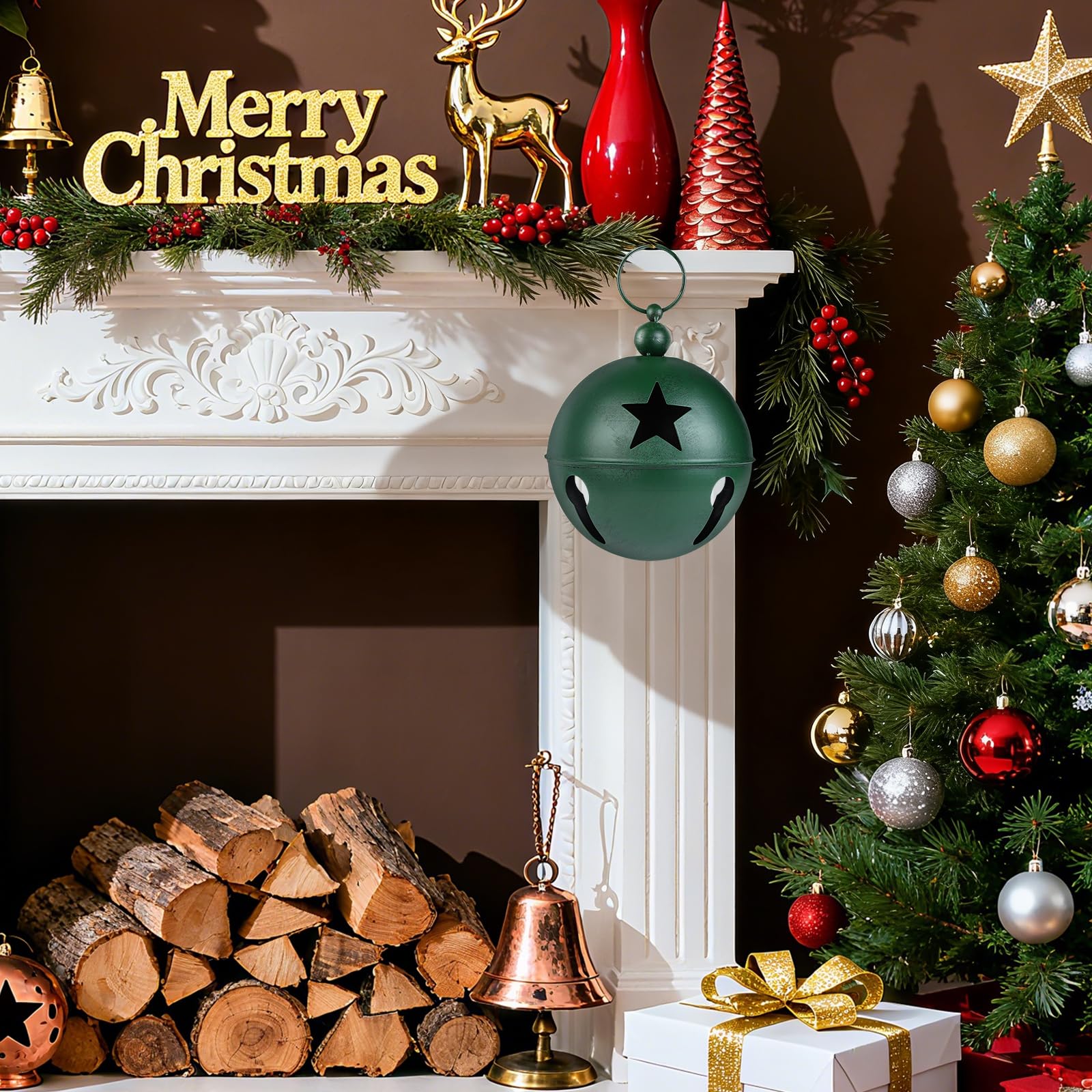 YiYa Grandes Cloches de Décoration de Noël Grande Cloche d'Artisanat Ornement avec Étoile 23,9x31,0 cm Cloches de Noël Grelots pour Arbre de Noël Vacances Porte d'Entrée Maison Jardin Décor (Vert)