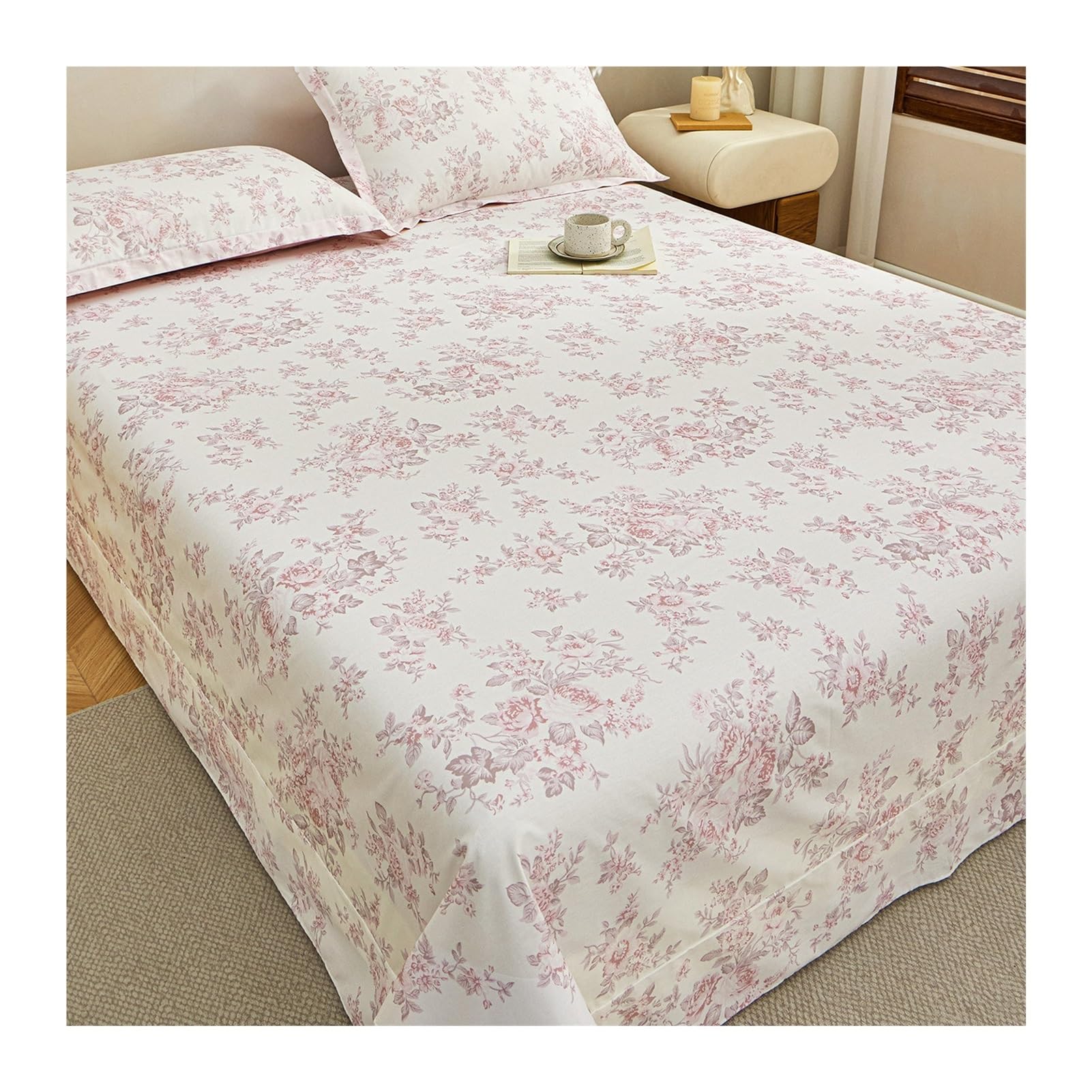 Sábana encimera Cama 90/105/135/150/160/180cm 160/200x230cm 245x245/265cm Floral de algodón 100%, sábana Plana de Sarga Transpirable y acogedora(Flower I,245x265cm+48x74cm x2)