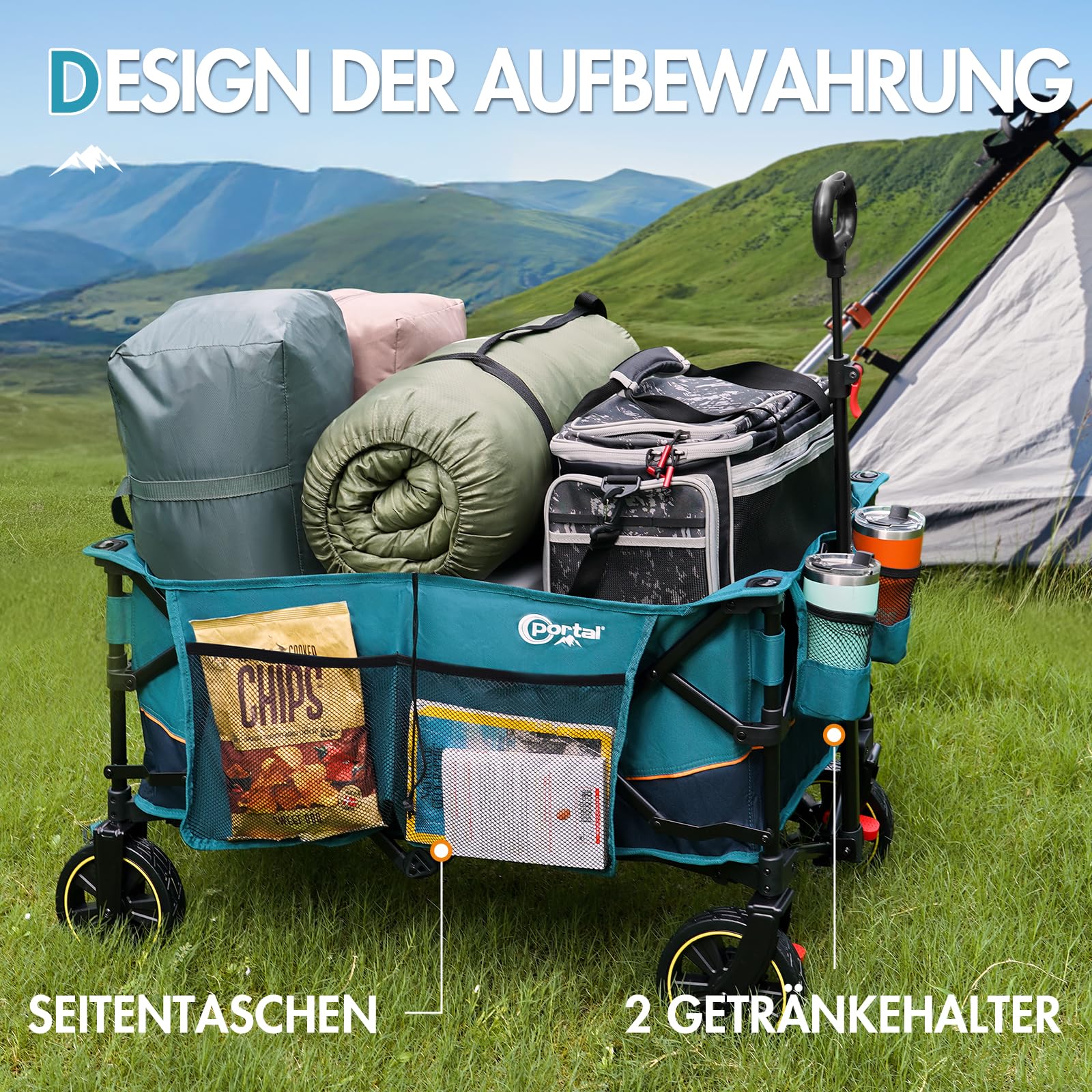 Portal Bollerwagen faltbar XXL Große Ladefläche 120kg belastbar Handwagen mit Getränkehalter Seitentasche Transportwagen Leiterwagen klappbar Strandwagen Faltwagen für Garten Camping Festival