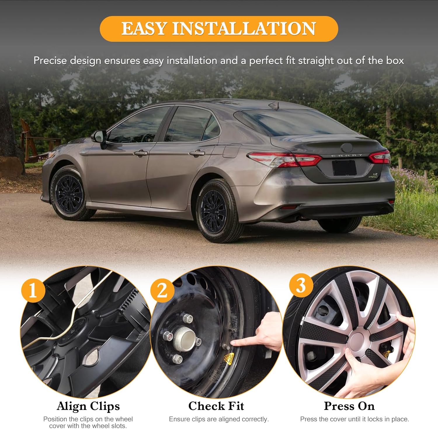 16”Black Lacquer Hubcaps Fit for 2018-2024 Toyota Camry and Hybrid,Snap-On Design Hub Caps Compatible with Steel Wheels,Set of 4 ABS&PC Wheel Rim Covers - 16 Inch Black Lacquer 4-Pack