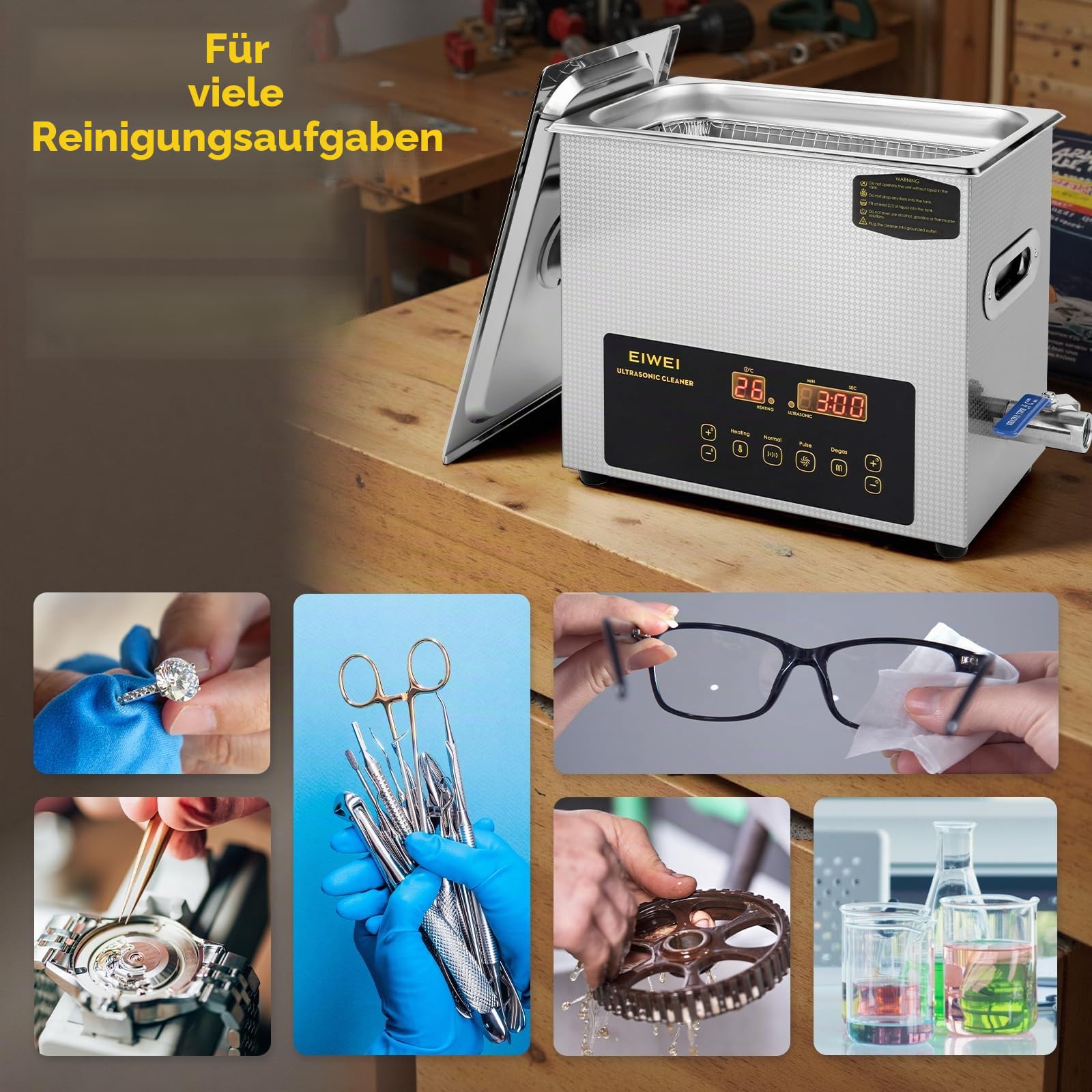 Ultraschallreinigungsgerät 6L mit zwei Leistungsstufen (Voll-/Halbleistung), Heizung, Timer & Entgasungsfunktion – ideal für Vergaser, Bauteile, Schmuck, Brillen, Zahnprothesen, Leiterplatten