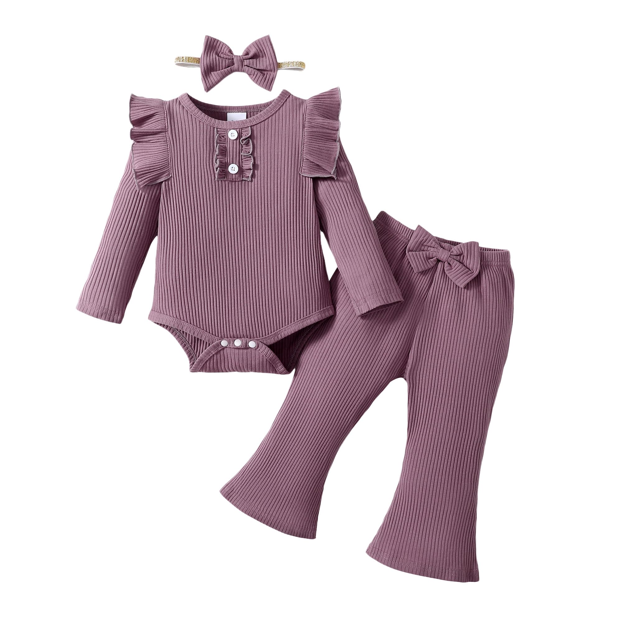 YWFSHOPNewborn Baby Girls Clothes Outfit Ruffle Long Sleeve Ribbed Knit Romper Pants Set Fall Winter