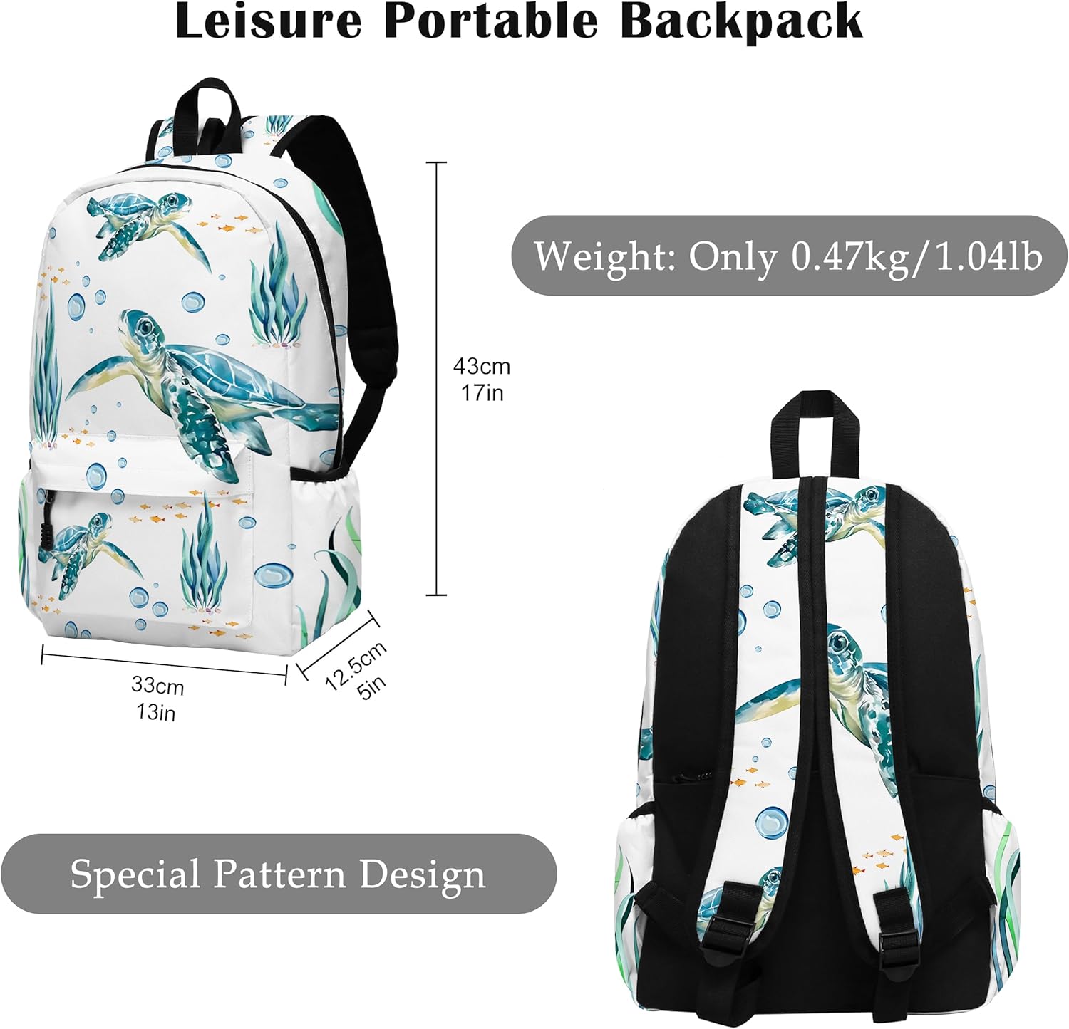 Funny Sea Turtle School Backpack for Girls Boys Bookbag, 17 Inch Sea Turtle Laptop Backpack, Turtles Animals Theme Back Pack for School Travel Hiking Camping - Image 2