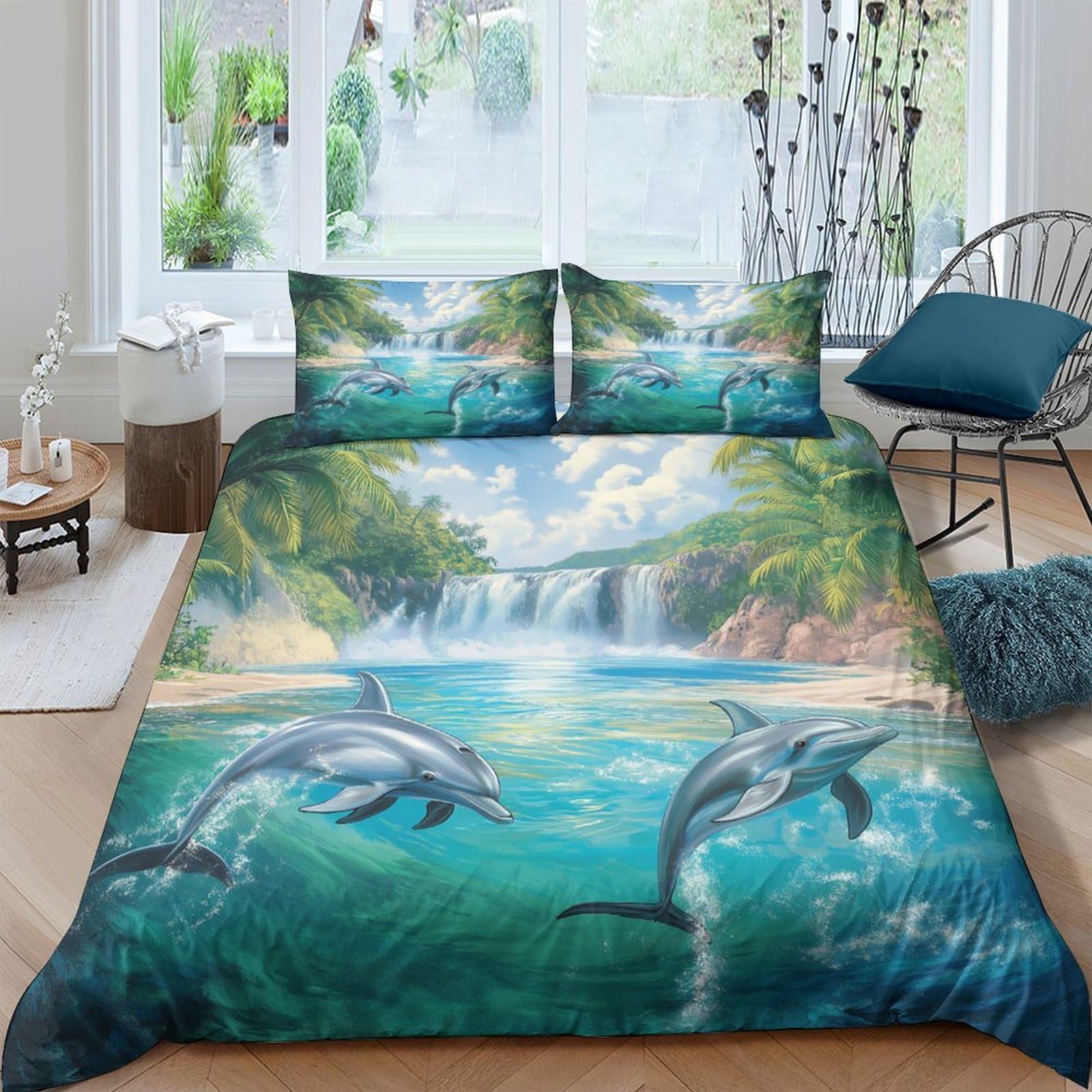 XFKLYNVCJ 3D Printed Dolphin Jumping Comforter Cover Polyester Tropical Beach Scene Bed Cover Machine Washable Fade Resistant Soft Durable Quick Drying for Home Bedding Use Single（135x200cm）