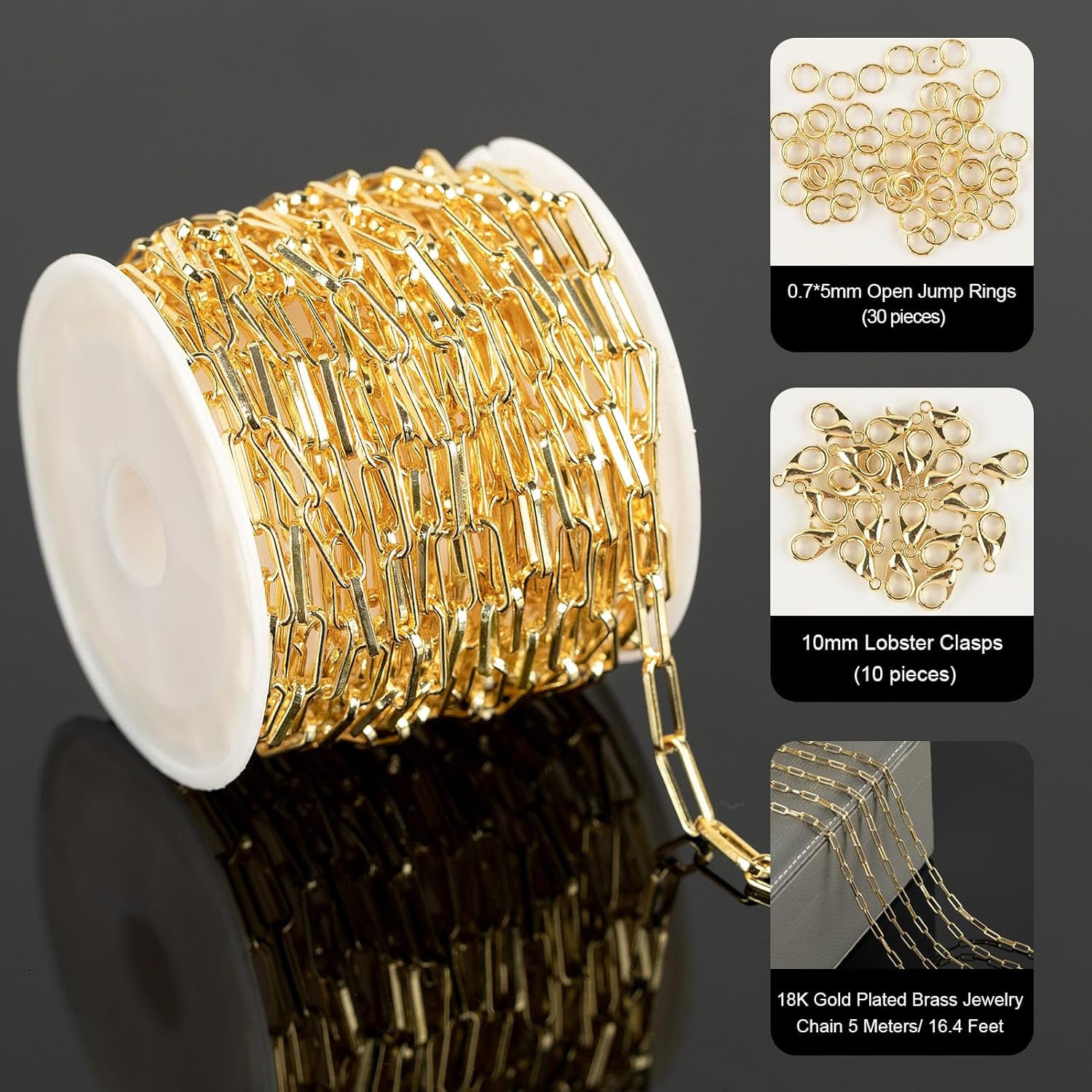 YOUBEIYEE 16.4 Feet 18K Gold Plated Brass Chain Roll Flat Paperclip Chain for Jewelry Making Handmade Women Necklace Bracelet DIY Jewelry Findings - Image 2