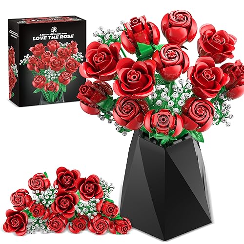 Red Rose Bouquet Building Set, 960PCS Roses Flowers Artificial Flowers Botanical Collection Blocks Kit for Adults Women Gift for Valentines & Mother's Day Home Decor Flower Decorations - Rose Flowers Bouquet