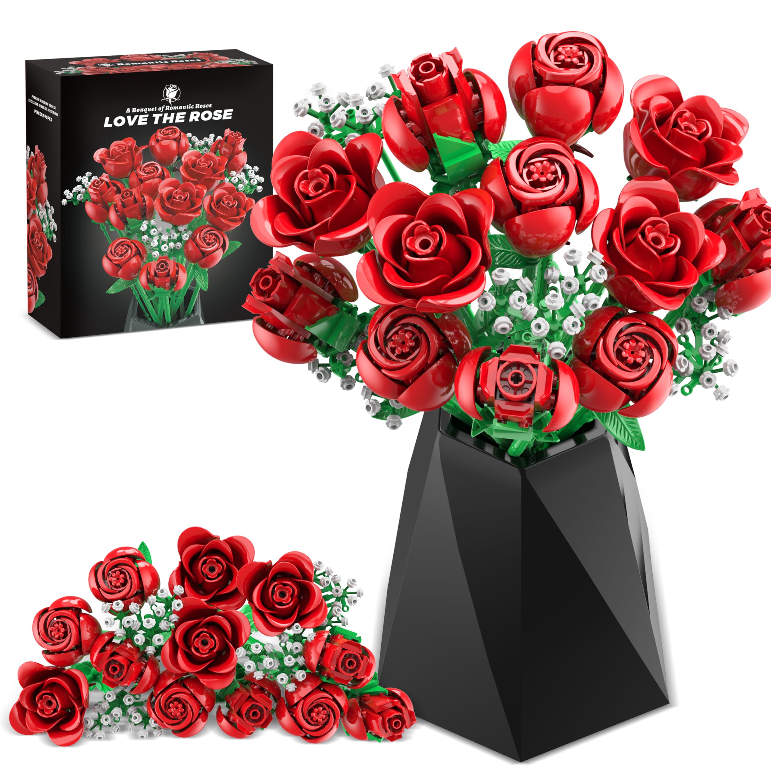 Red Rose Bouquet Building Set, 960PCS Roses Flowers Artificial Flowers Botanical Collection Blocks Kit for Adults Women Gift for Valentines & Mother's Day Home Decor Flower Decorations