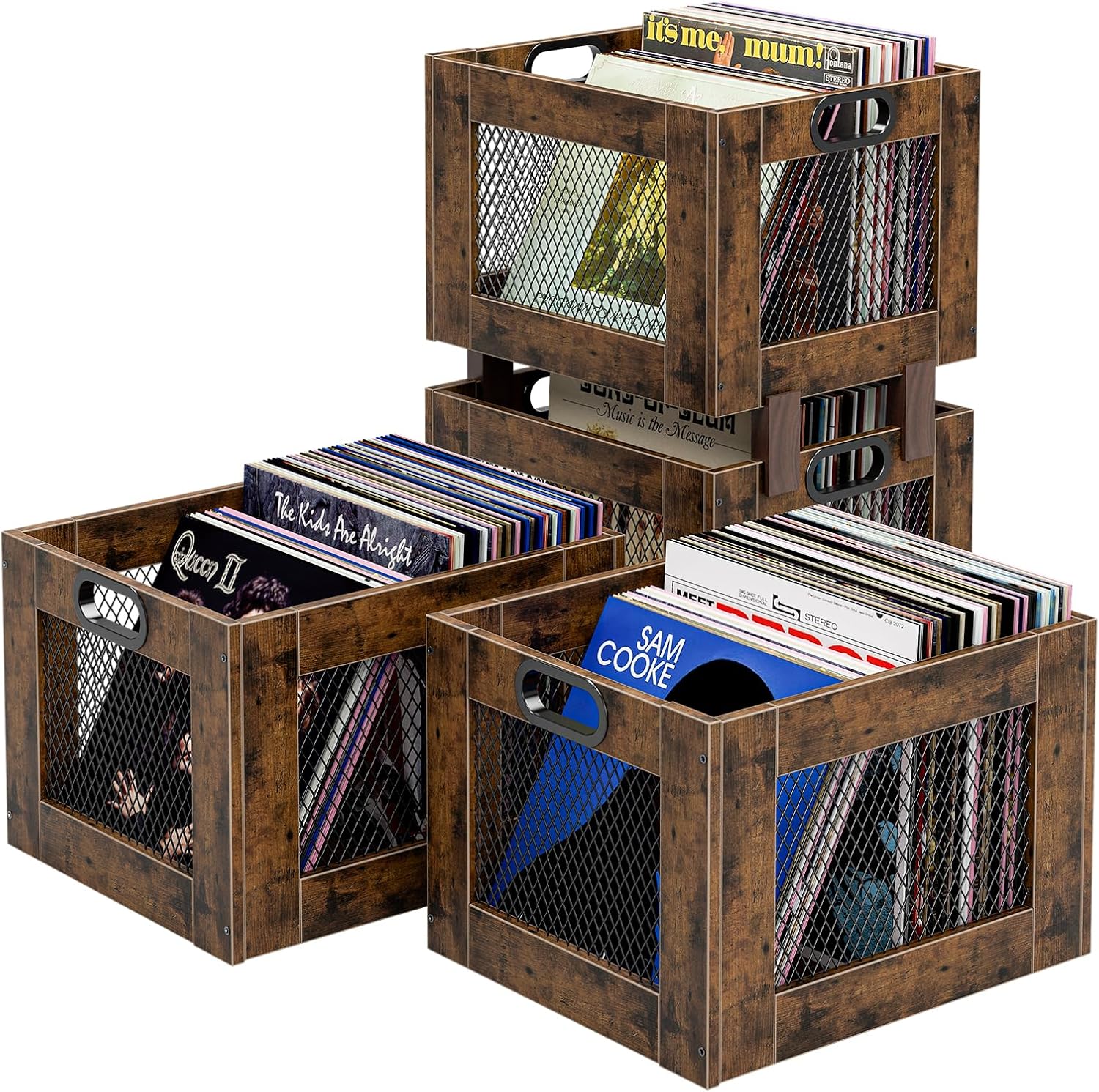 TEMI Vinyl Record Storage Crate – Large Wooden Record Holder for 70+ Albums – Industrial-Style Record Organizer and Durable Record Storage Solution for Home or Studio, Dark Walnut