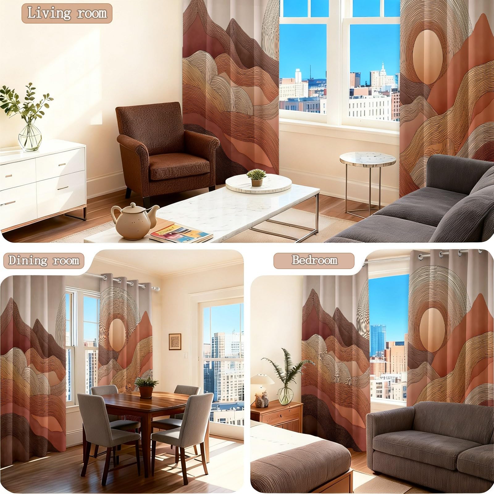 Erdfarben 100% Verdunkelungsvorhänge mit Ösen H214 x B91.5 cm (2er Set), Minimalistisch Berge Sonne Linien, Absolut Blickdichte Thermo-Gardinen gegen Hitze für Schlafzimmer und Babyzimmer