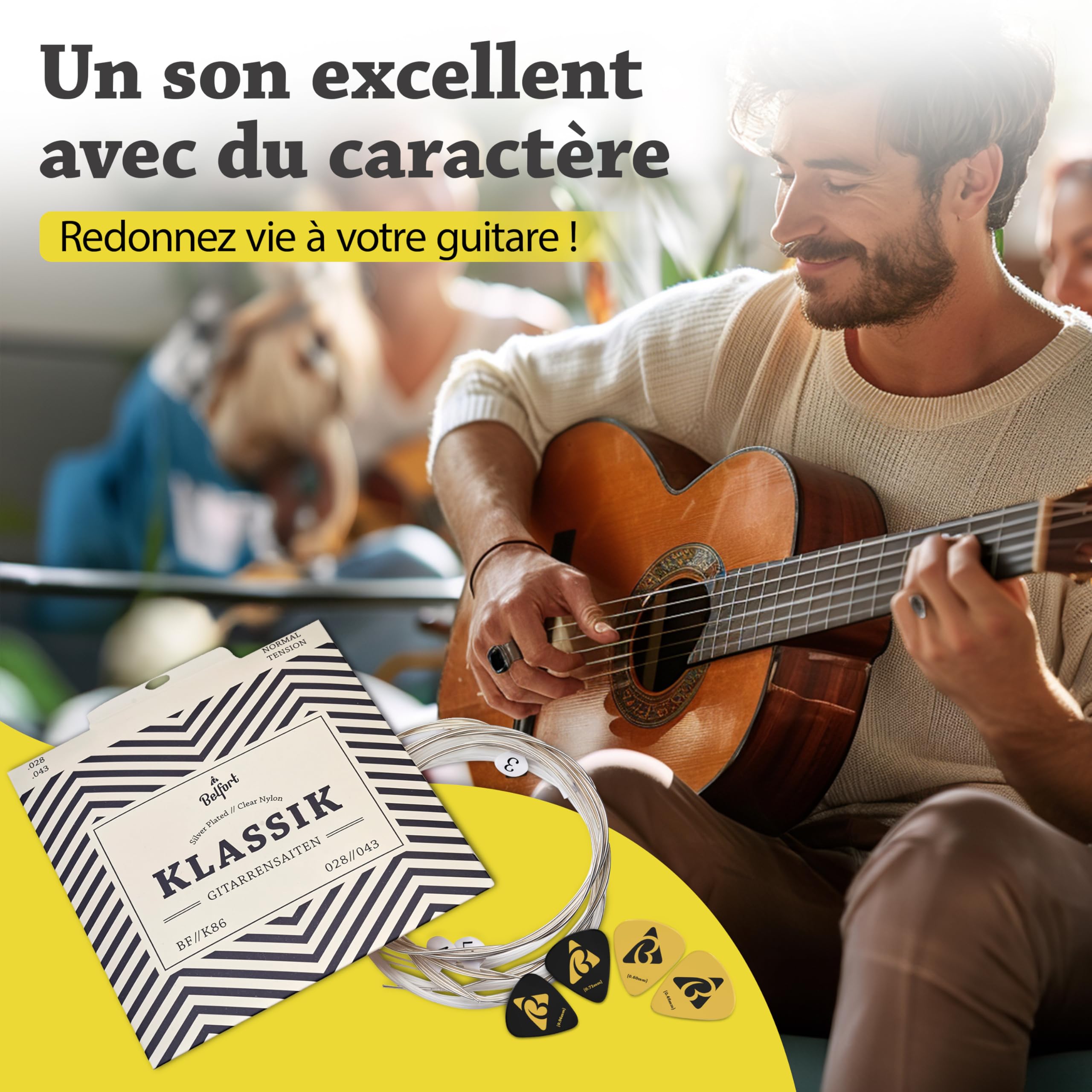 Belfort Cordes de Guitare haute Cordes pour Guitare Classique et guitare de concert pour I Kit de 6 cordes I silberumwobene Cordes en nylon I Bonus : gratuits eBook + 3 médiators - BF//C86