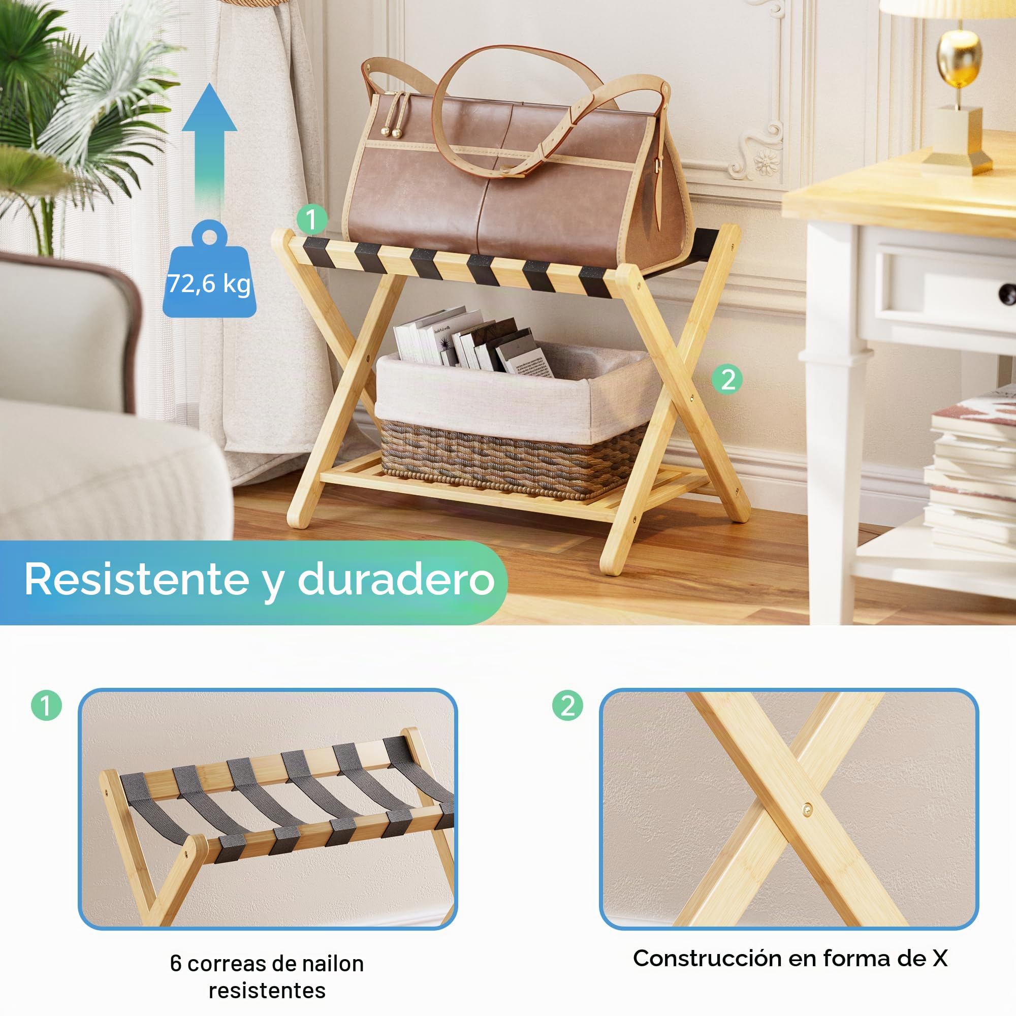 SMIBUY portaequipajes, plegable para maleta de bambú con estante de almacenamiento para habitación, dormitorio, hotel, servicio pesado (natural y negro)