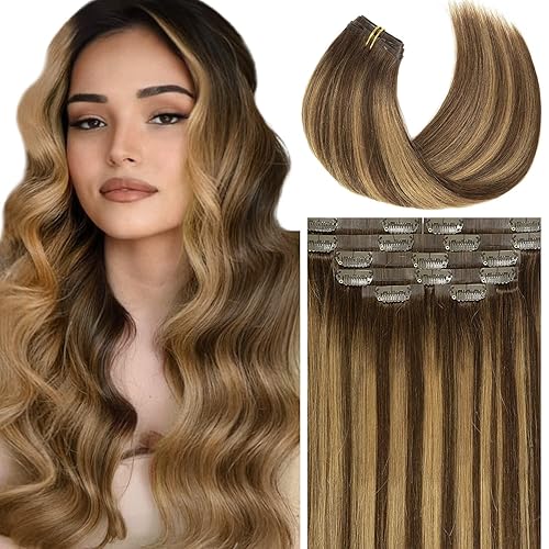 Anrosa Extensiones de cabello humano real con clip, sin costuras, doble piel, extensiones de cabello humano real con clip, de 16 pulgadas, 4.33