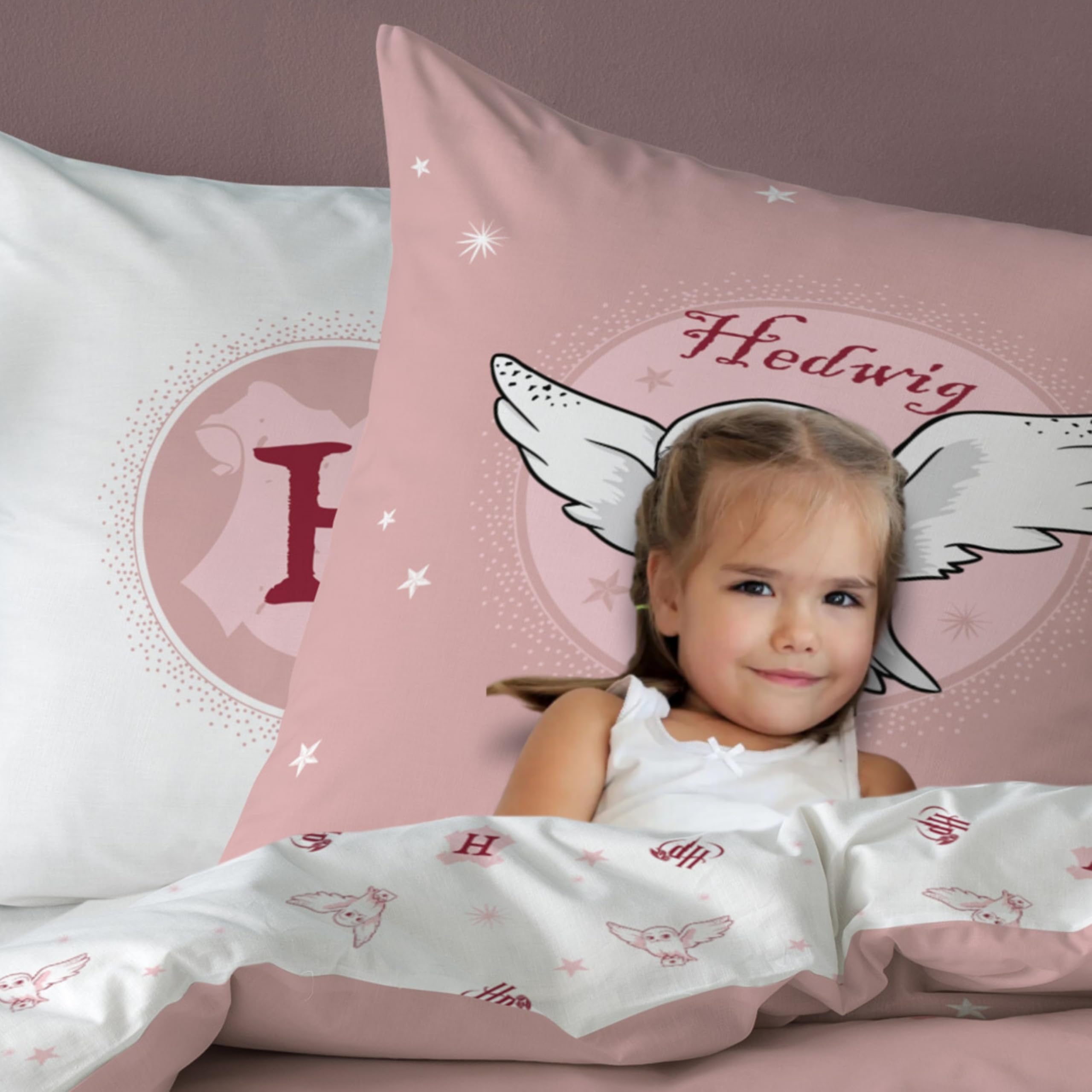 Harry Potter Bettwäsche 135x200 + 80x80 – Eule Hedwig Kinderbettwäsche – 100% Baumwolle – Wendemotiv – Mädchen Bettwäsche Set – Reißverschluss – Geschenk-Idee