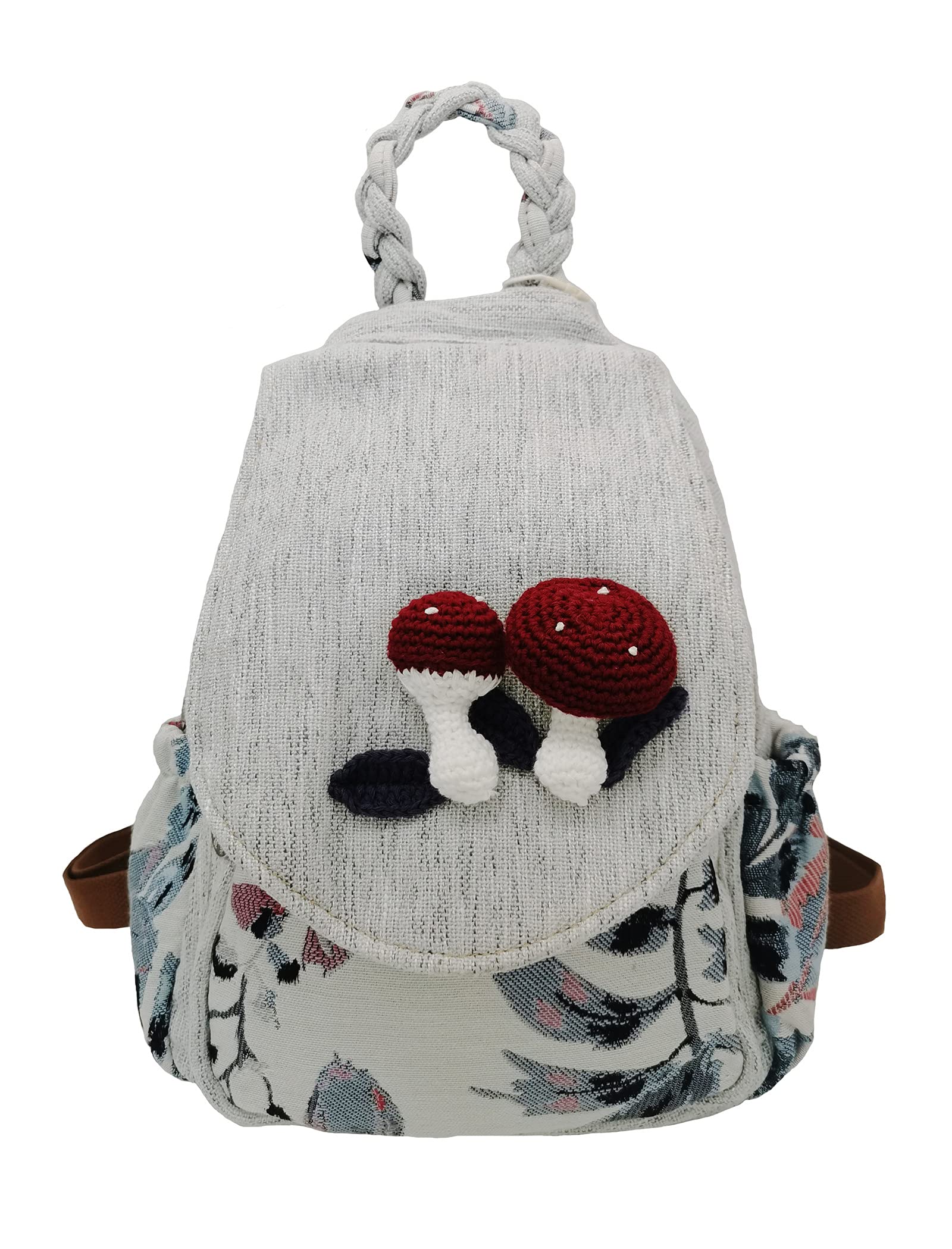 HUANGGUOSHUWomen Cotton Woven Bohemian Hemp Boho Canvas Embroidery Multi Pocket Retro Cute Backpack Wallet Backpack(Mushroom)