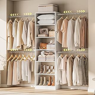 W1 Closet System, 3.5FT-7.7FT Closet Organizer System with 4 Chrome-Plated Telescopic Rods & 6 Adjustable Shelves, Custom Wood Walk-In Closet Wall-Mounted Clothing Rack, White