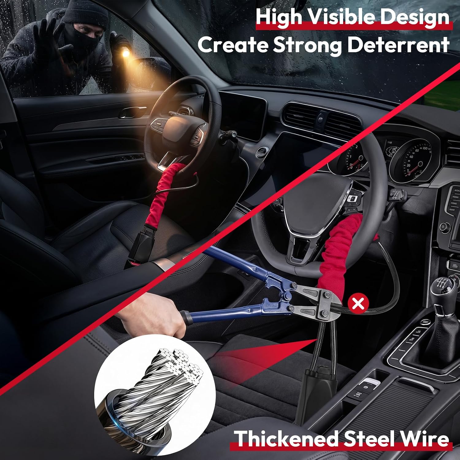 Car Steering Wheel Lock, 1 Pack Car Anti Theft Device, Thickened Steel Wire, Max 17” Locking Length, Easy Storage Seat Belt Lock, 3 Keys per Set Included, Fits Most Vehicles, Trucks, SUVs, Vans (Red)