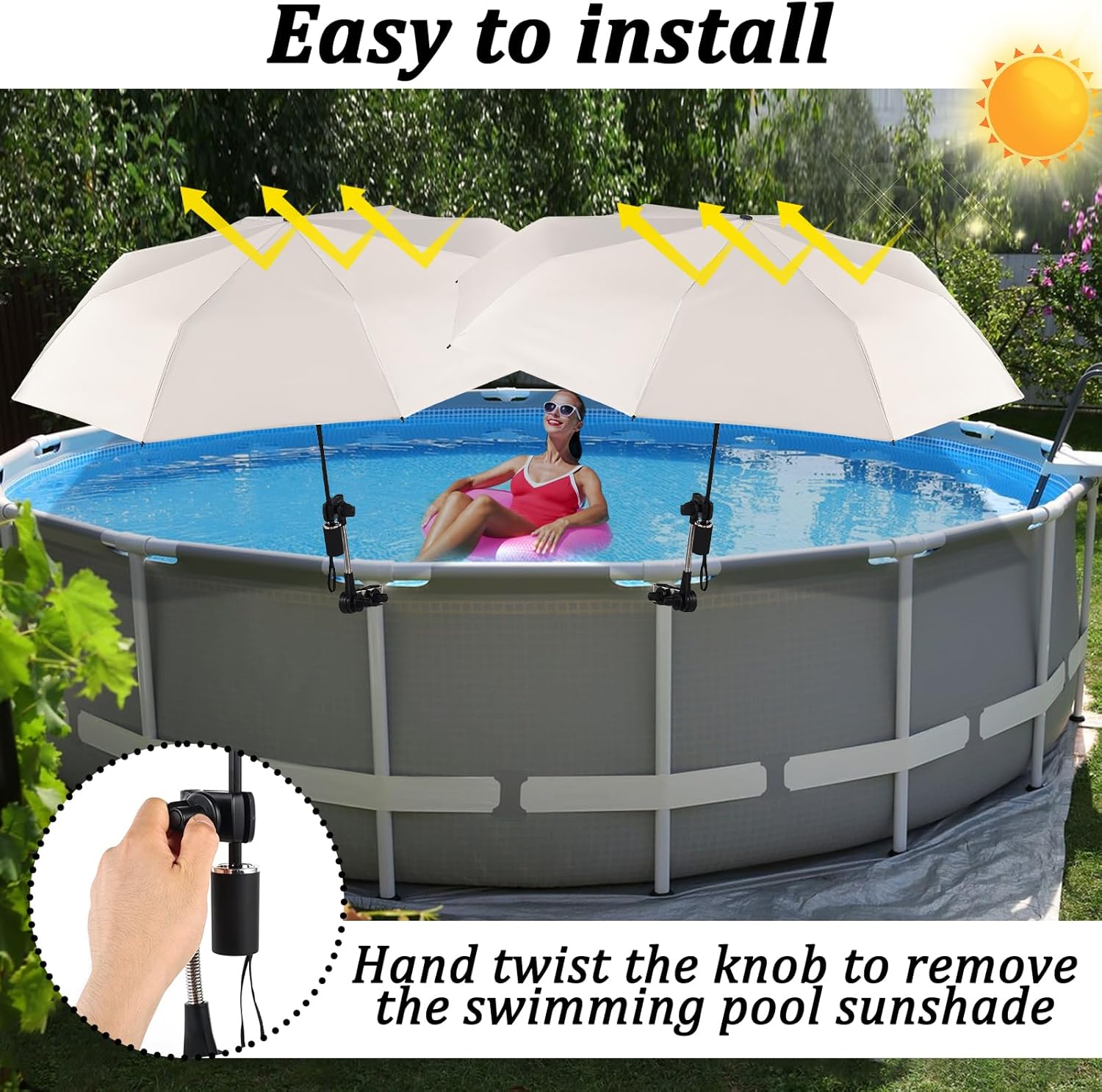 FMOACEN 2 Pack Pool Shade Umbrella for Above Ground, Pool Sunshade Canopy With Adjustable Universal Clamp, Portable Patio Umbrella for Garden Beach Chair Camp Trolley Stroller Golf Cart