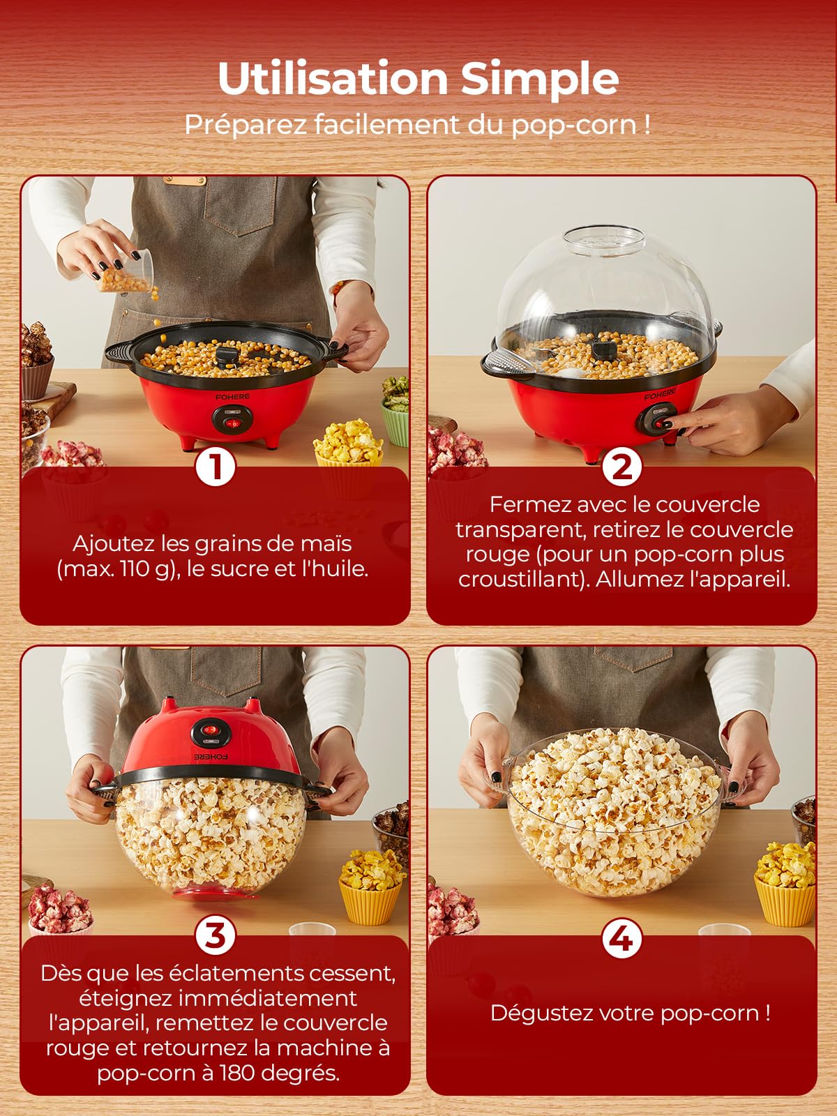 FOHERE 4,5L Machine à Pop Corn, 700W Popcorn Machine avec 2 Tasses à Mesurer pour Les Grains de Maïs, le Sucre et l'huile, Agitation Automatique, Idéal pour Les Vacances et Les Soirées Cinéma