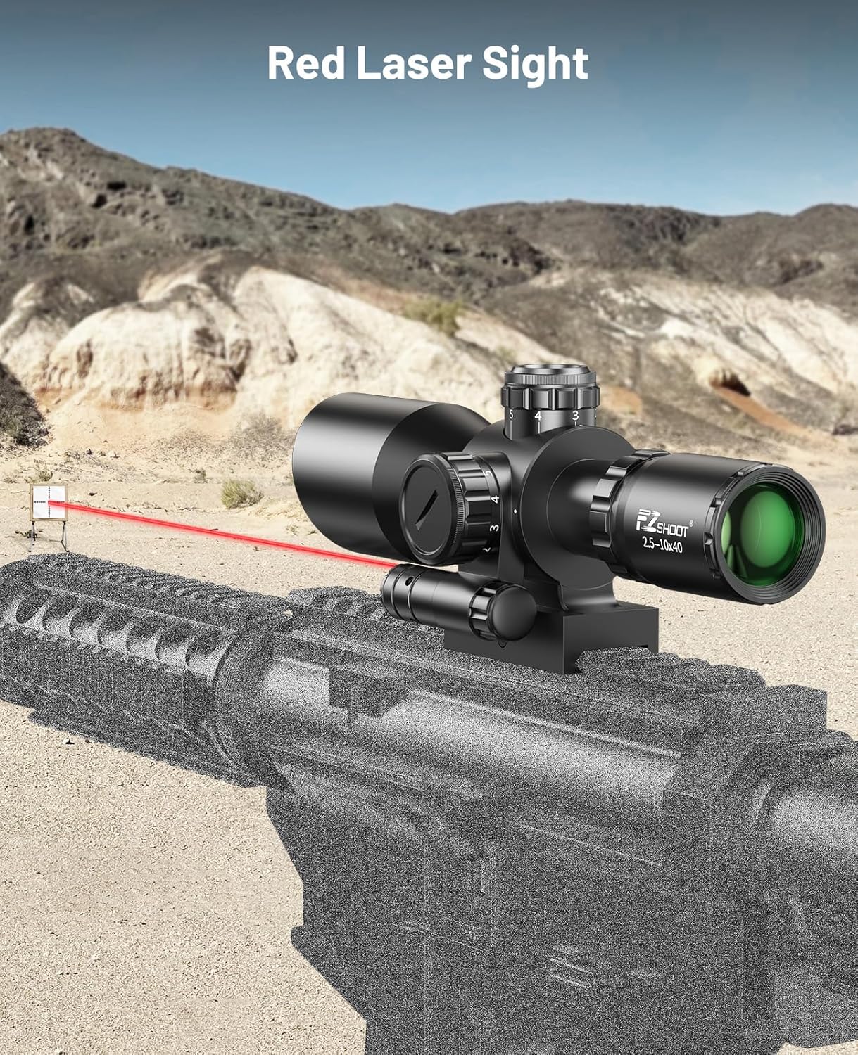 EZshoot 2.5-10x40 Rifle Scope, Illuminated Mil-dot Compact Scope with Red Laser, 1 Inch Tube SFP Combo Riflescope for Hunting with 20mm Rings