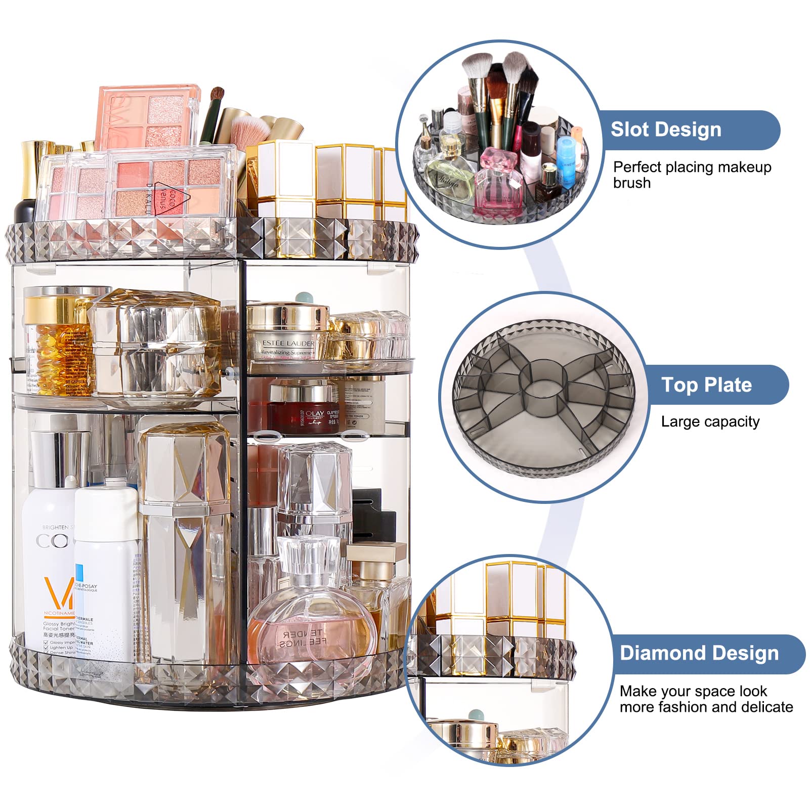 V-HANVER 360 Rotating Makeup Organizer Perfume Organizer with 8 Adjustable Layer Gray Cosmetic Storage Display Case Large Capacity Acrylic Beauty Organizer for Vanity Countertop or Bedroom Dresser