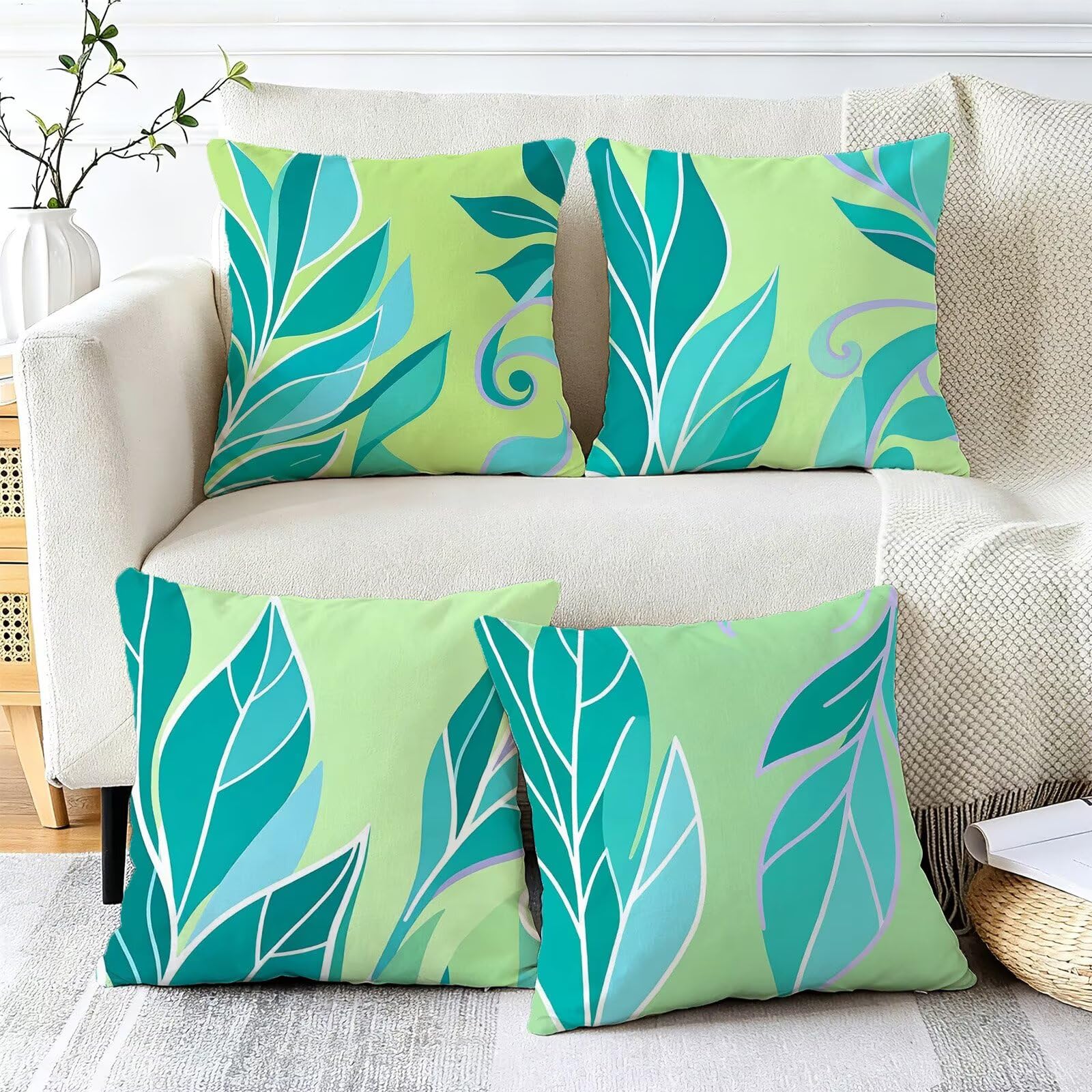 Blu Federe Cuscini Divano 65x65cm, Cuscini da Esterno Set de 4, Cod-129 | Lin Copricuscini Decorativi Letto Arredo, per Letto, Soggiorno, Giardino, Esterno, Casa Decorazione Set di 4 Foglie