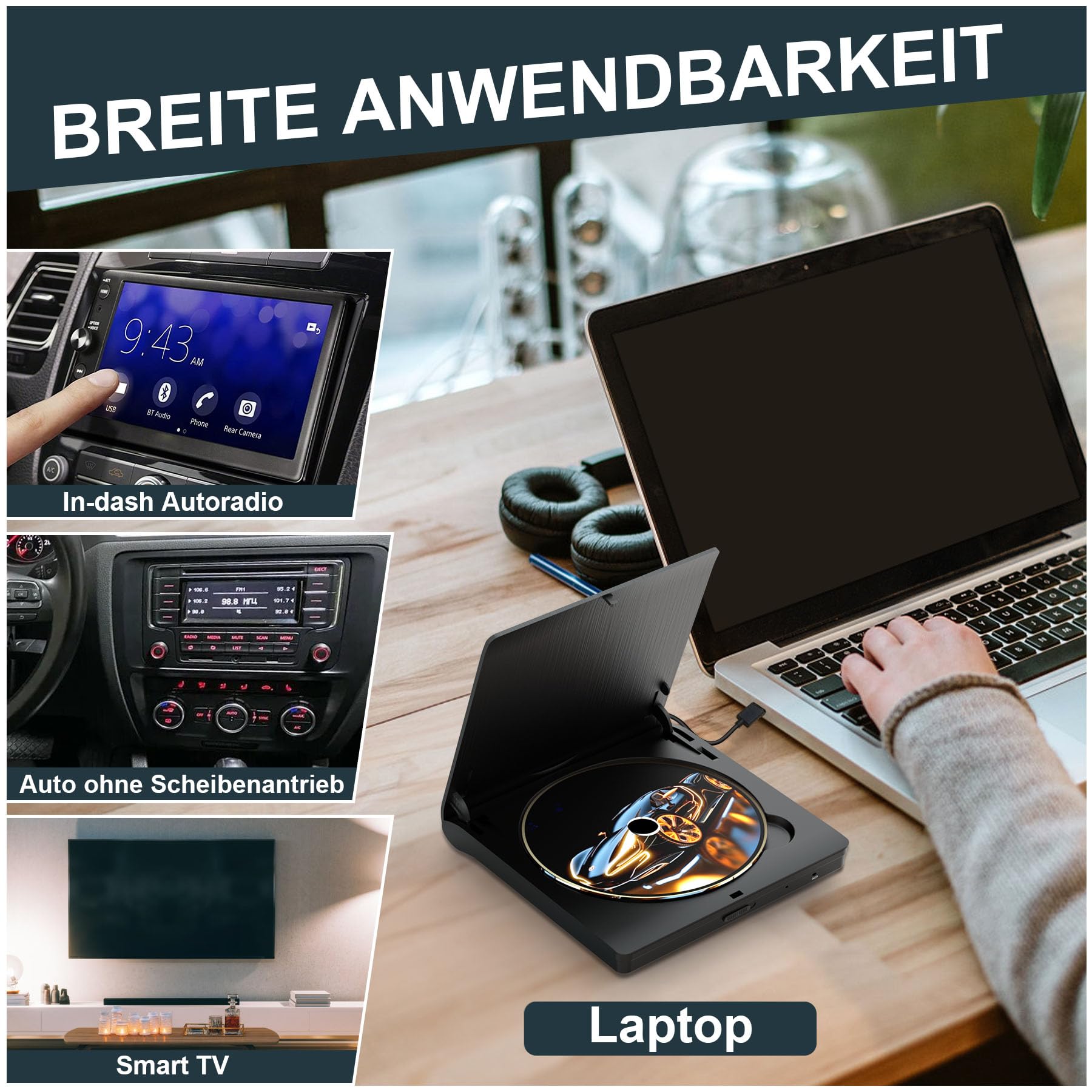 CD Player für Auto mit USB-Anschluss - Homlab Universal CD Laufwerk für Auto PKW LKW mit 1M USB-Verlängerungskabel, Externes CD Laufwerk für Laptop, PC, Fernseher, kompatibel mit Android Autoradio