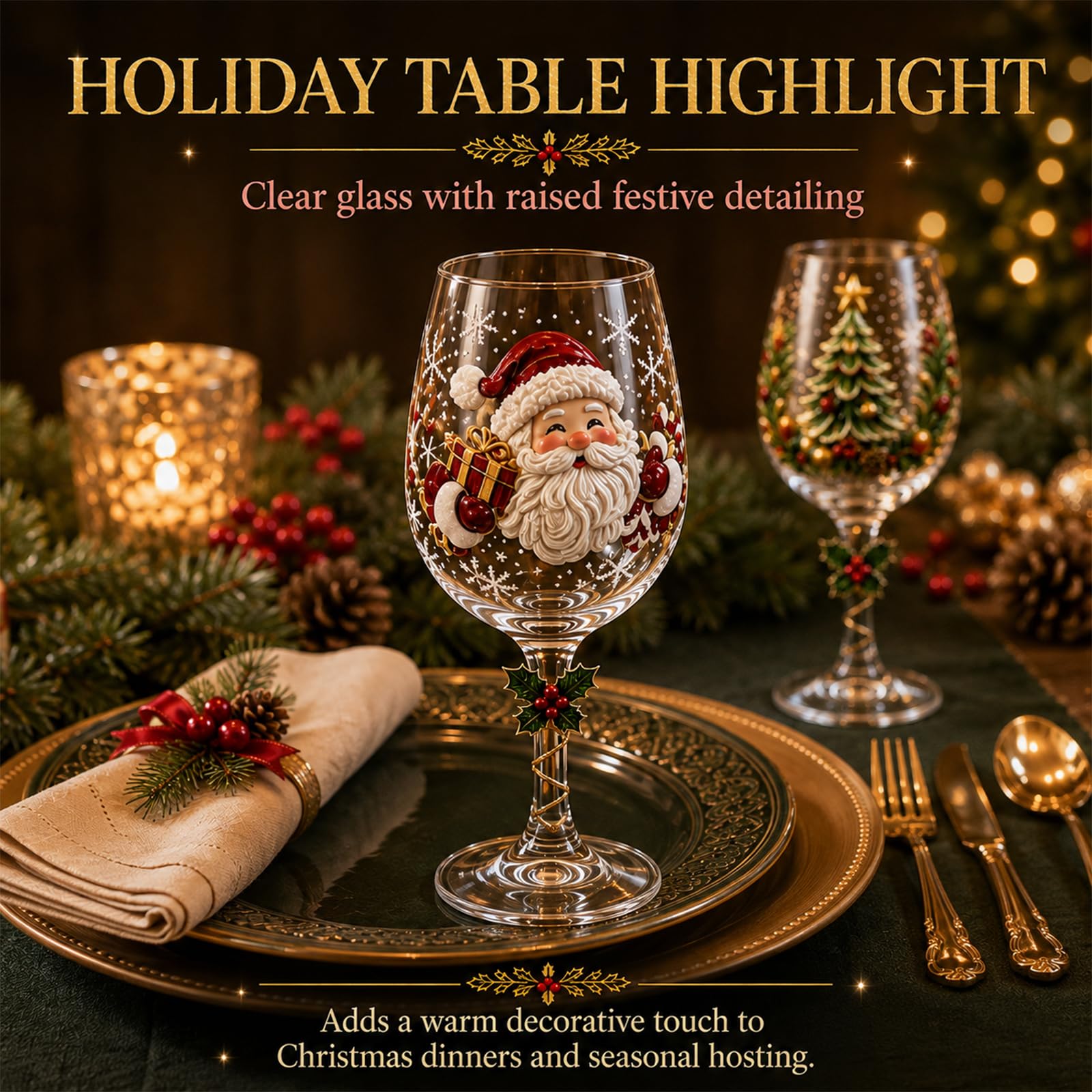 Lot de 6 verres à vin de Noël 3D, verres festifs avec motifs en relief