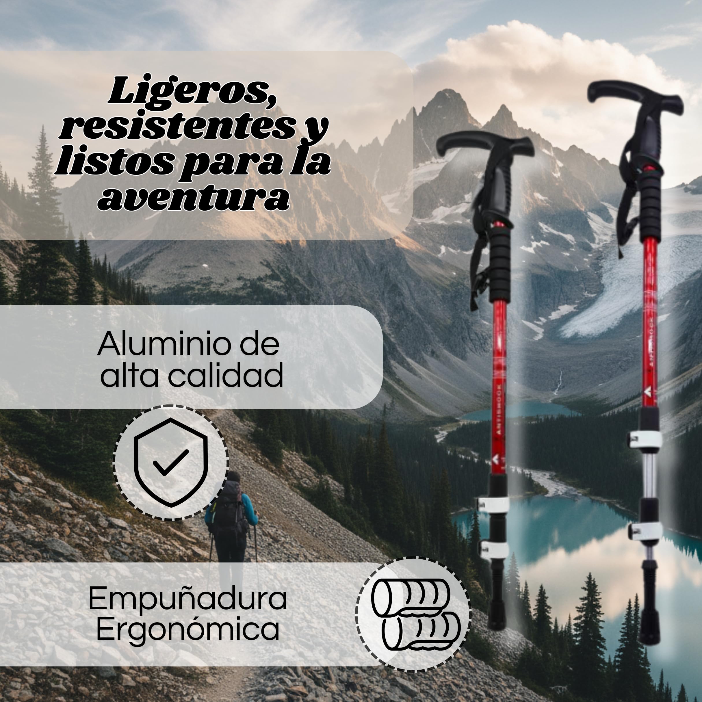 Weida | Bastones Extensibles de Aluminio 2 Unidades de Senderismo | Ligeros y Resistentes con Empuñadura Ergonómica de Goma | Correa Ajustable | Bloqueo rápido | para Todoterreno - 3