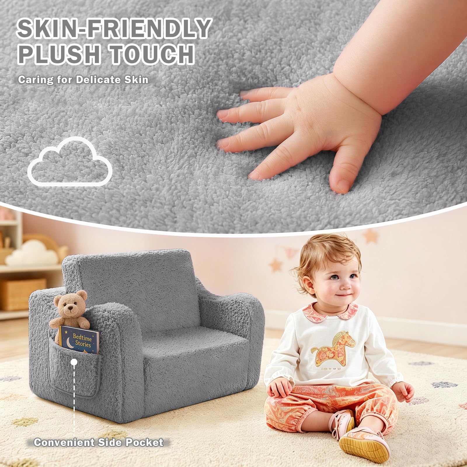 MeYuxg 3 en 1 Sofa Infantil, Sillon Bebe para Niños y Niñas, Sillón Convertible y Cama Plegable, Mini Sofá, Regalo del Niño y Cumpleaños, Gris