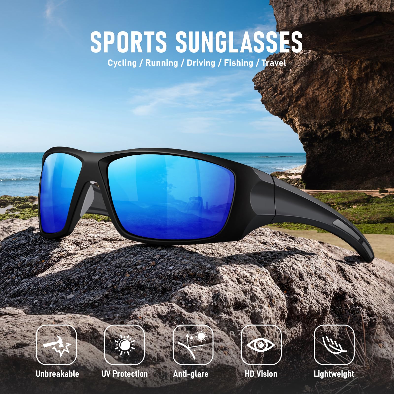 Occhiali da sole sportivi polarizzati da uomo, UV400, avvolgenti, per pesca, guida, corsa, ciclismo, golf