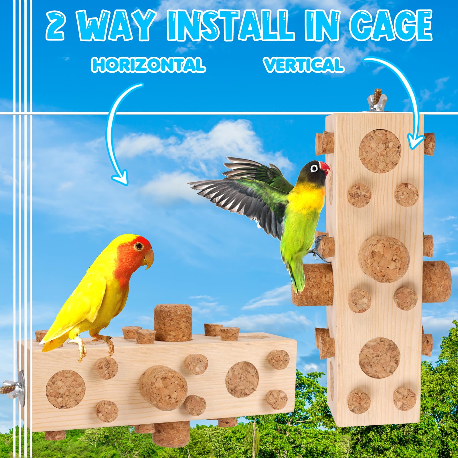 Parrot Toy Cage Perch with Pine Wood Foraging Smart Chewing Toy Soft Corks for Small to Regular Size Parrot Cockatiel Foraging Toy - image 2