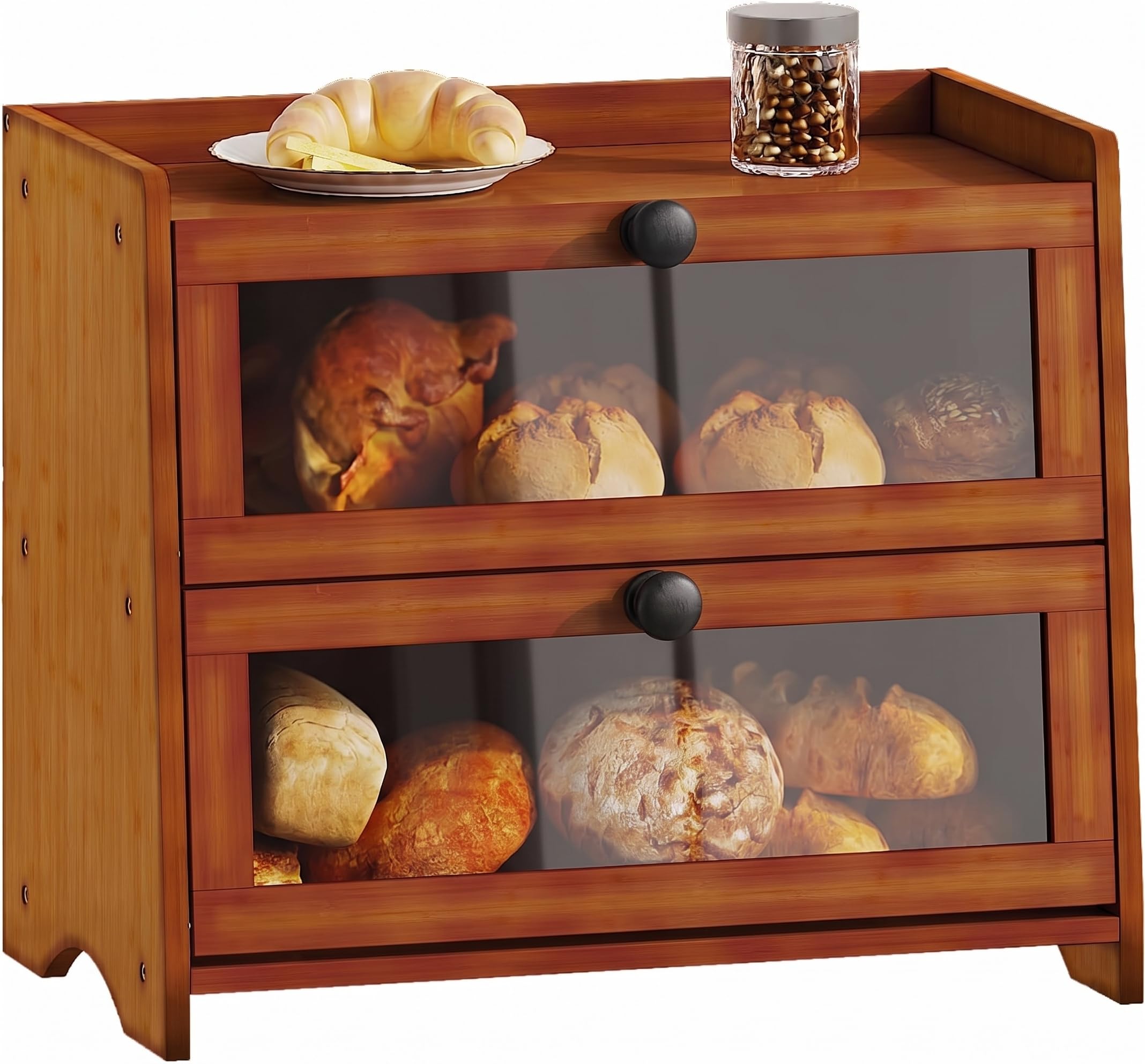 BAMBANG Bread Bin for Kitchen Countertop, Extra Large Bamboo Bread Box Storage Container for Homemade Bread, Double Layer Sourdough Breadox, Bread Bin Organizer for Counter Cabinet Pantry, Brown — image 1