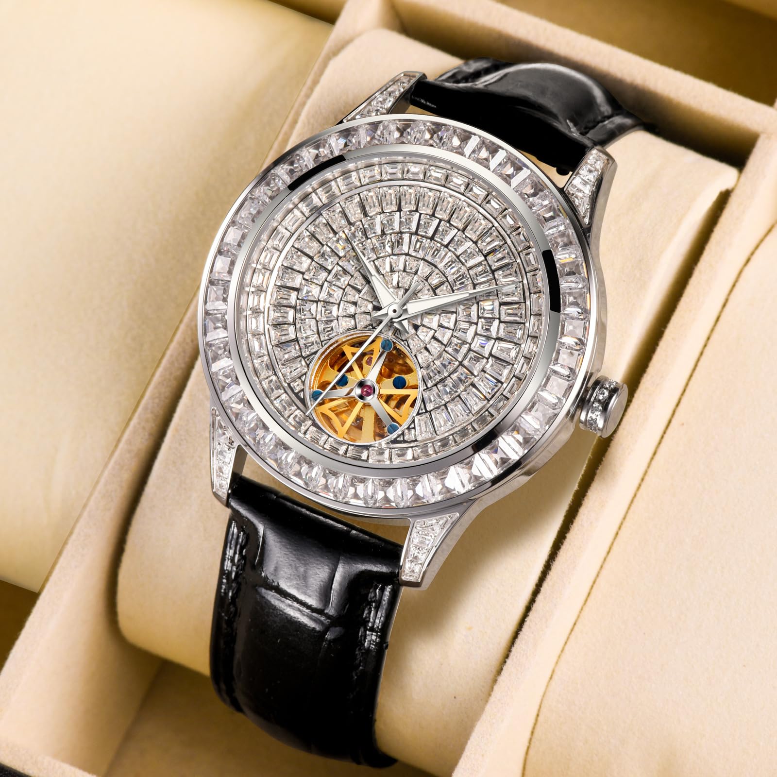 Strassverzierte Herrenuhr Automatik, Lederarmband Automatik Uhr Herren, Hochwertige Uhren Herren mit Glänzendem Strass Design, Automatikuhr Herren