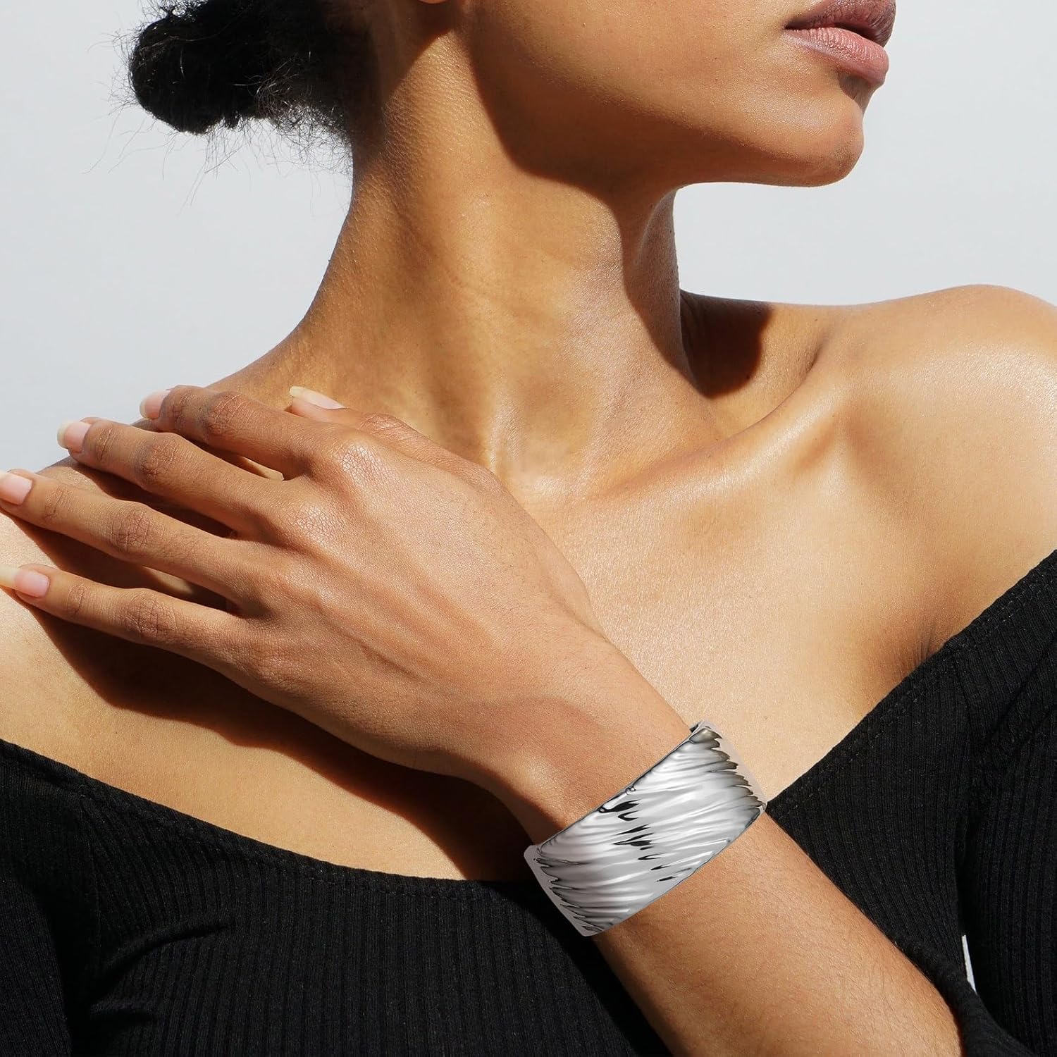 HZMAN 18K Gold Plated Wide Cuff Bracelet for Women - Premium Alloy Shiny Polished Double Layer Statement Bangle, Trendy Daily Wear Party Jewelry Accessory - Image 2