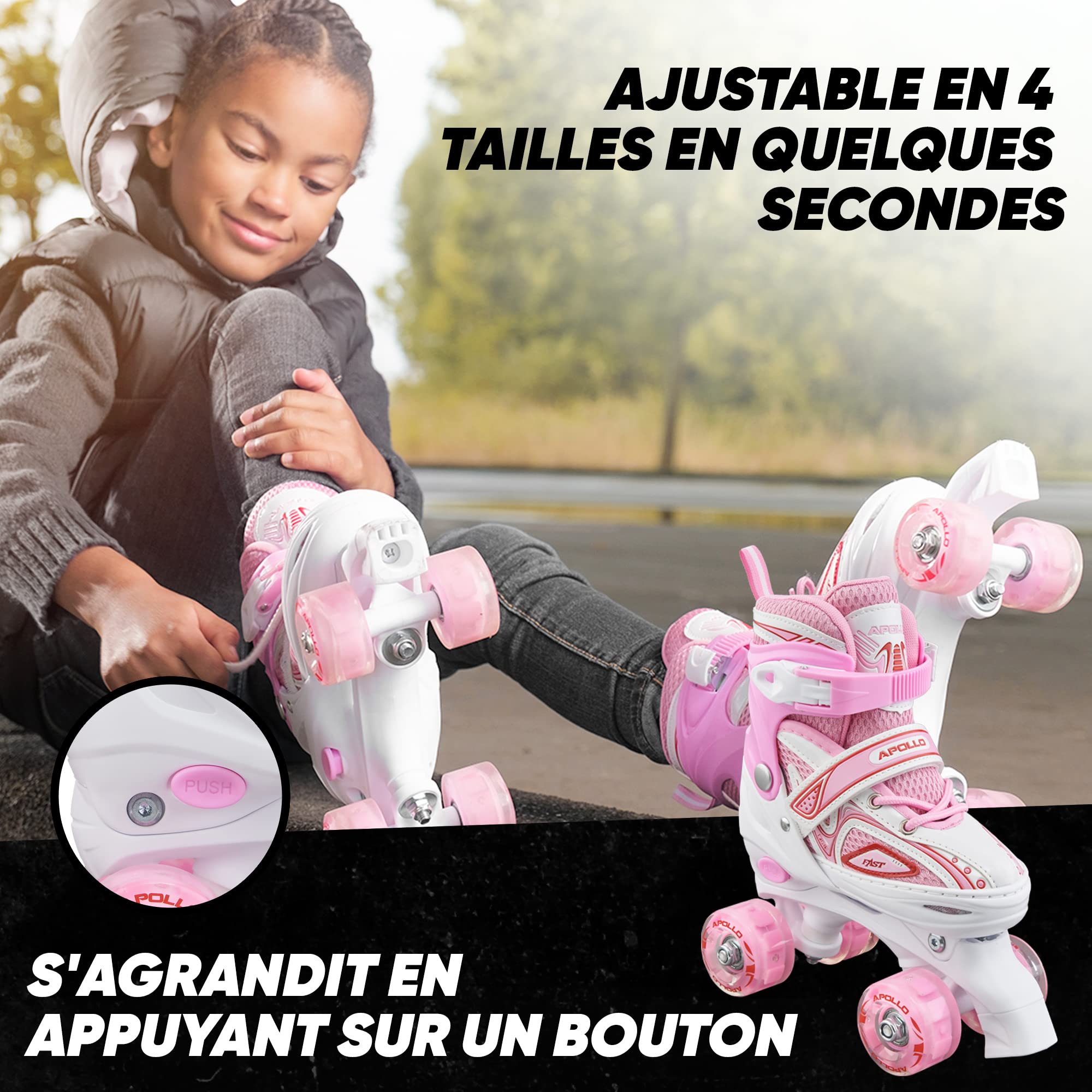 Apollo Super Quad X Pro, Patins à roulettes LED pour Enfants et Adolescents, idéal pour Les débutants, Patins à roulettes Confortables pour Les Filles et Les garçons.