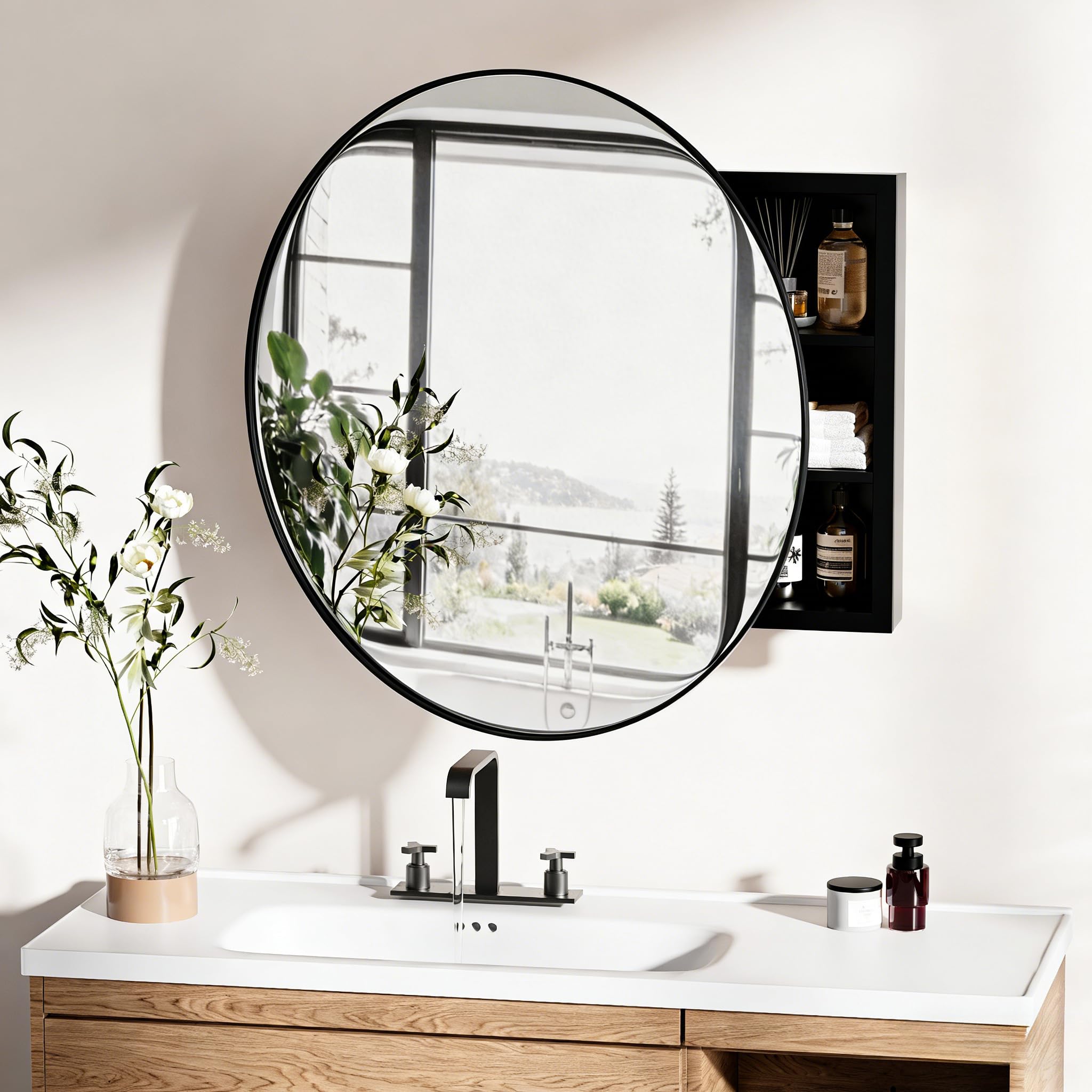 Armoire Salle de Bain avec Miroir Murale Arrondi Métal Armoire de Toilette Miroir avec 2 Étagère Noir (Aucun Assemblage requis) 52x52x12.5 cm