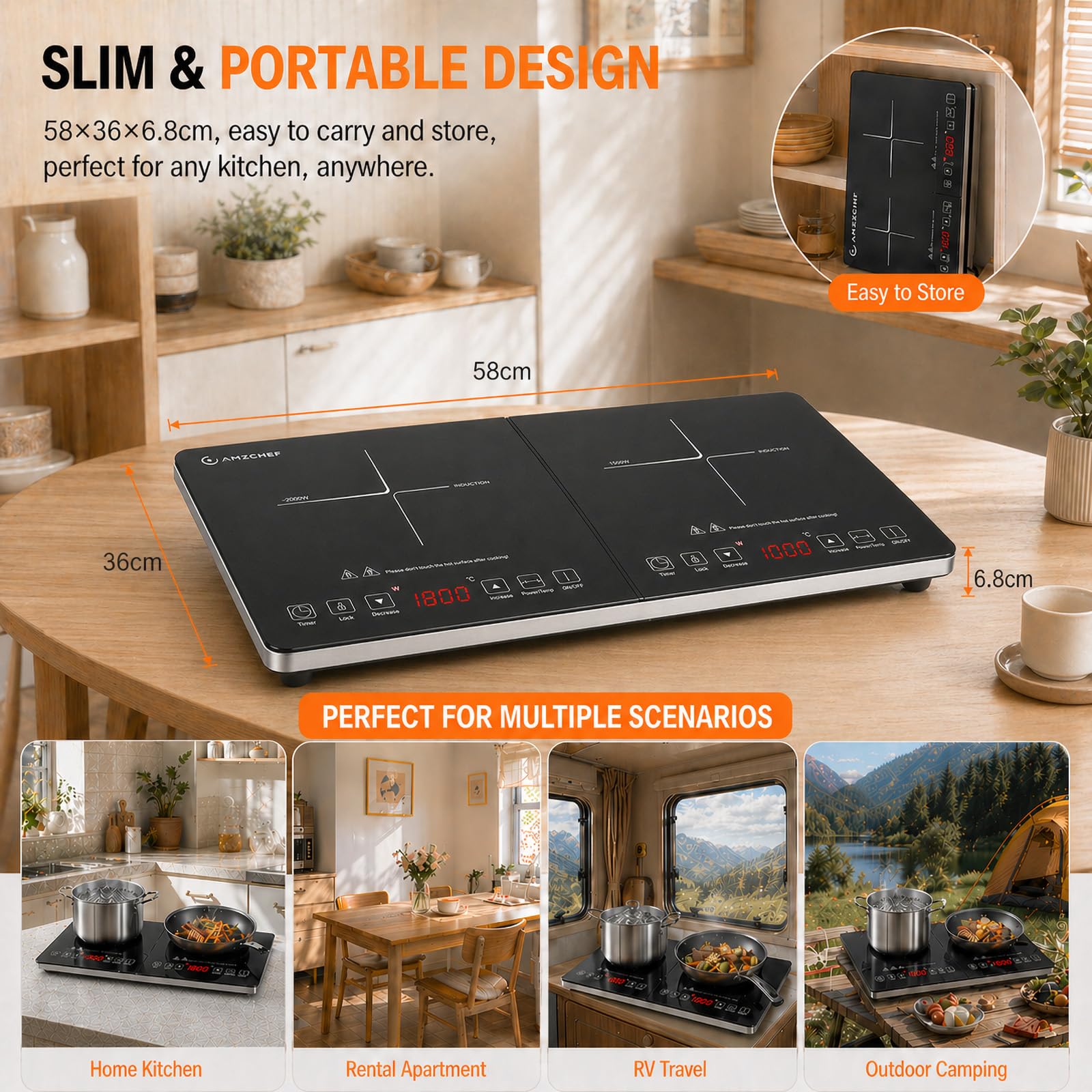 AMZCHEF Plaque Induction 2 Feux, Table de Cuisson 3500 W, 20 Niveaux de Température, Minuterie 3 Heures