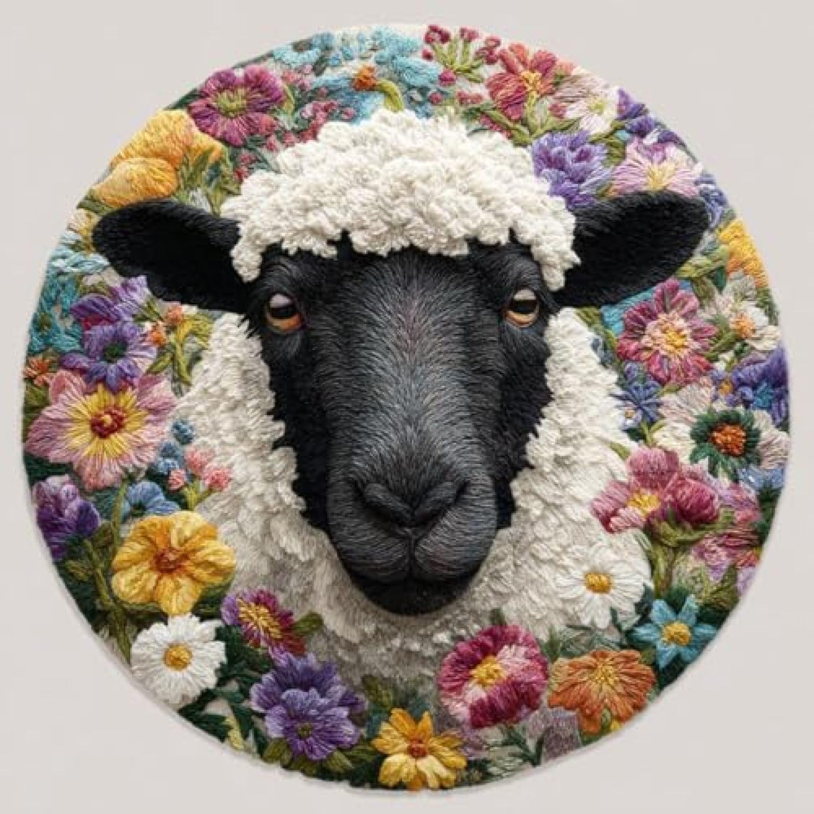 Xdeghuangss Multicoloured Latch Hook Rug Kit Valais Blacknose Sheep Portrait In Flo Round Rug 52X52cm