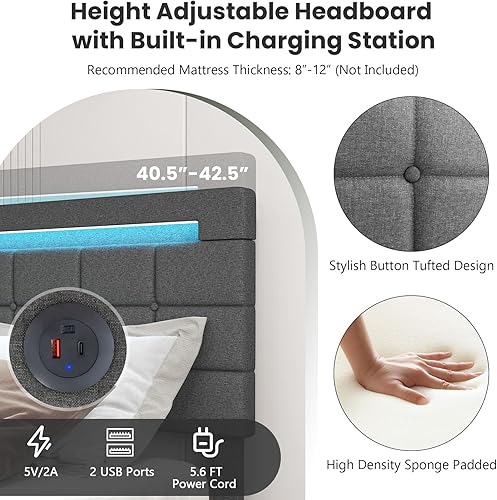 Miniatura 6 de KOMFOTT Base de cama matrimonial con estación de carga y luces LED, base de cama tapizada con cabecera ajustable y 4 cajones de almacenamiento,