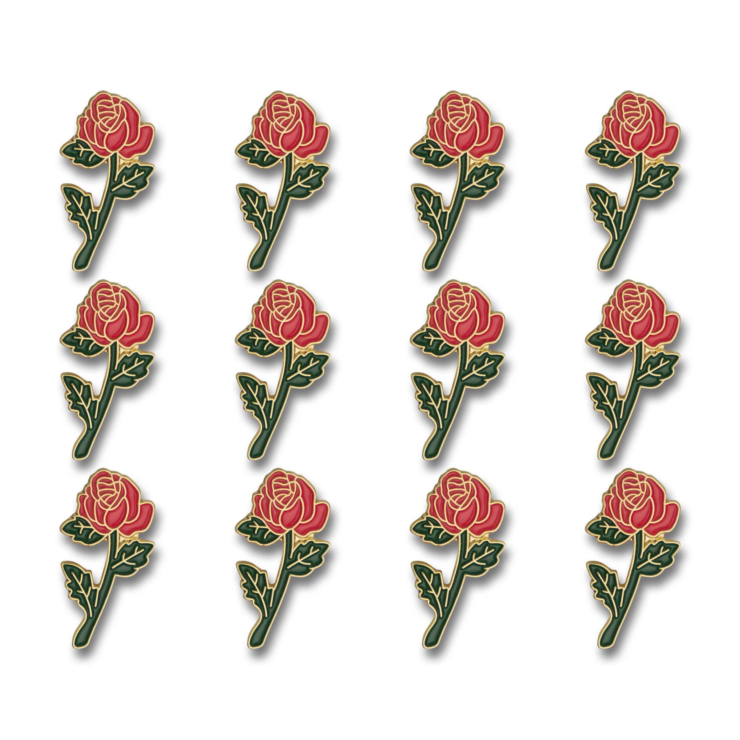 Awards and Gifts R Us 7/8 Inch Red Long Stem Rose Lapel Pin - Package of 12, Poly Bagged