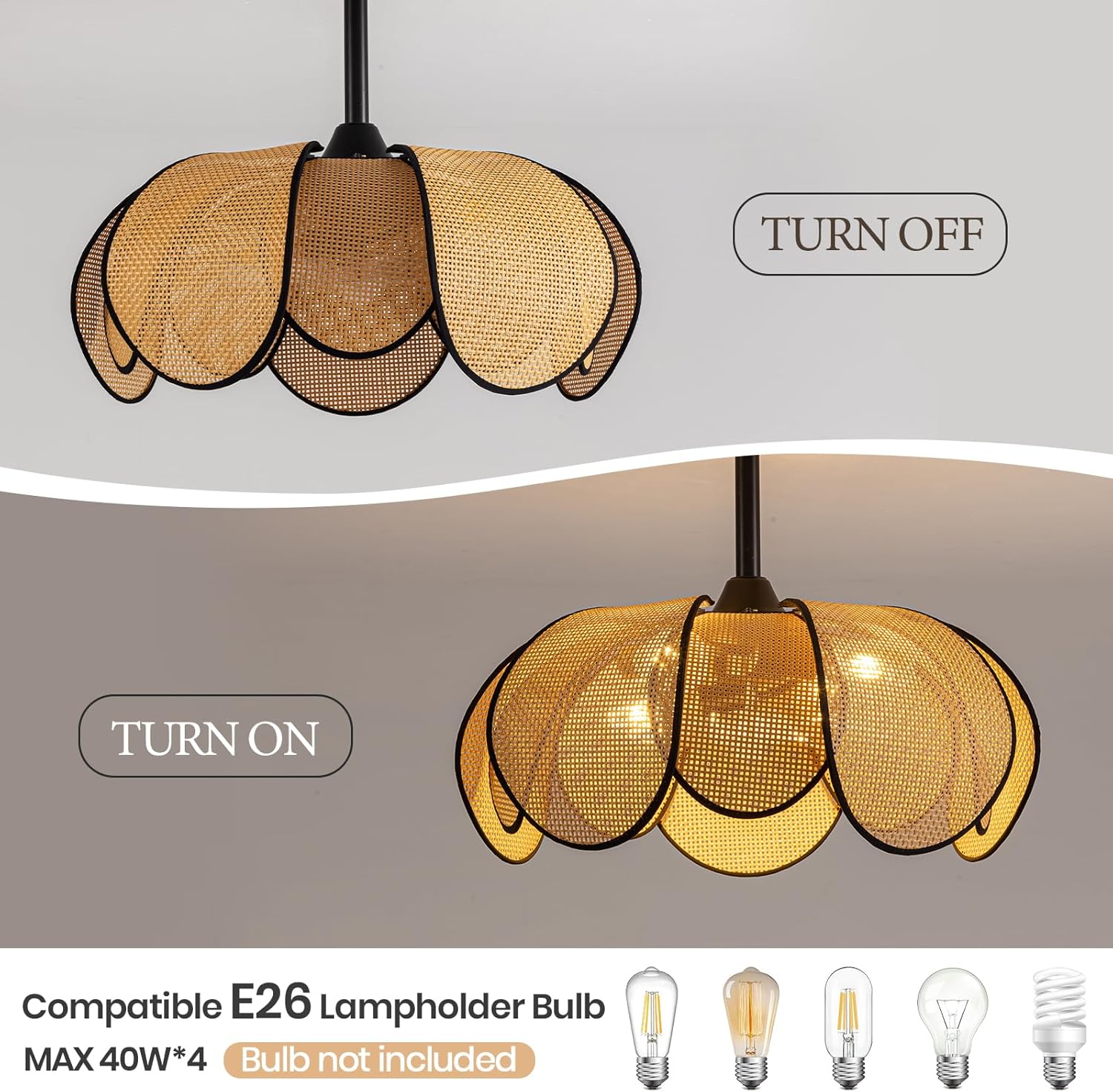 Rattan Fandelier Ceiling Fans with Lights,Boho Black Chandelier Ceiling Fan with Light Remote,Flush Mount Chandelier Ceiling Fan with 6 Speeds Fandelier for Bedroom, Living Room,Kitchen,26inch