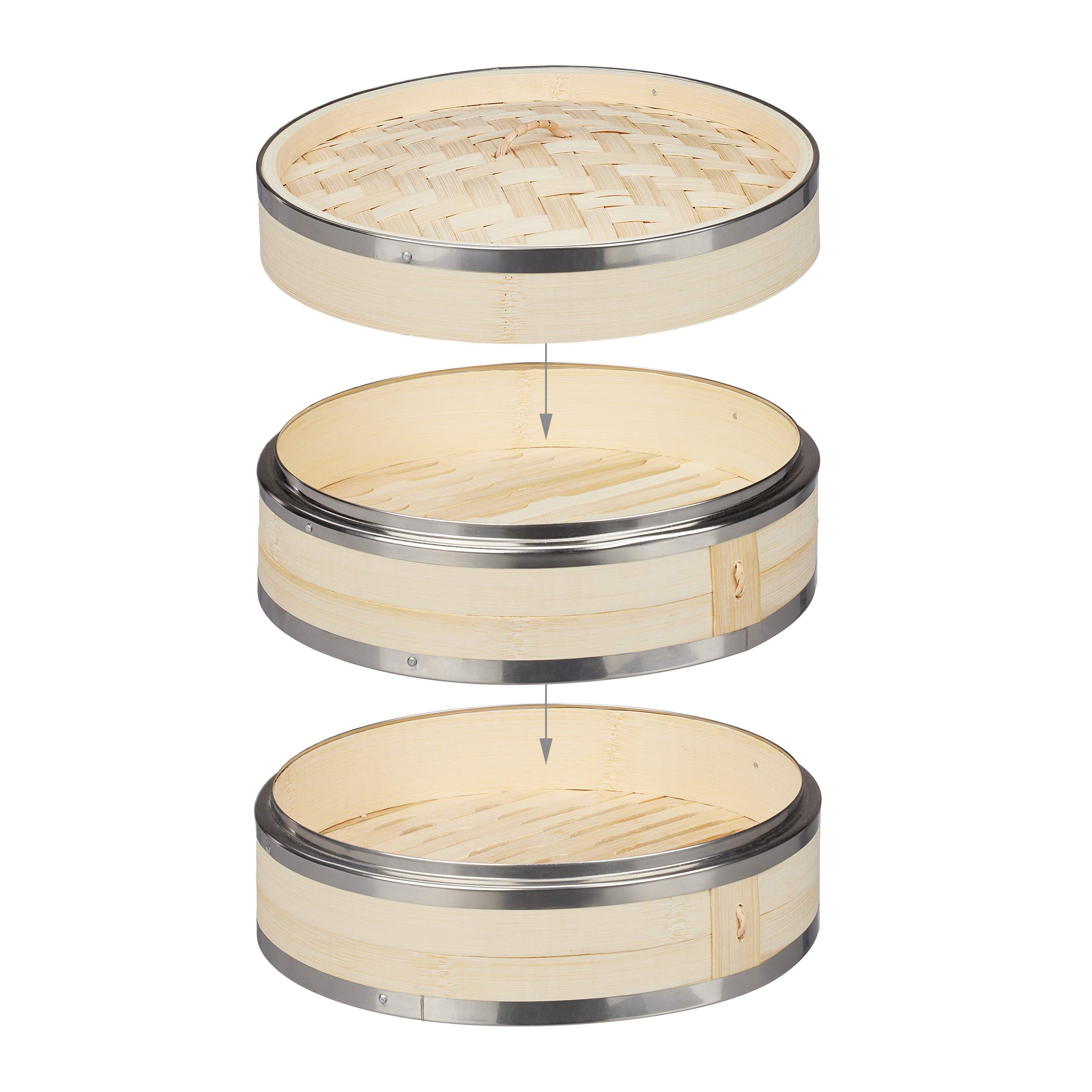 Relaxdays Cuiseur vapeur bambou, 2 niveaux, anneaux en métal, panier asiatique, riz, dimsum, légumes, Ø 24 cm, nature