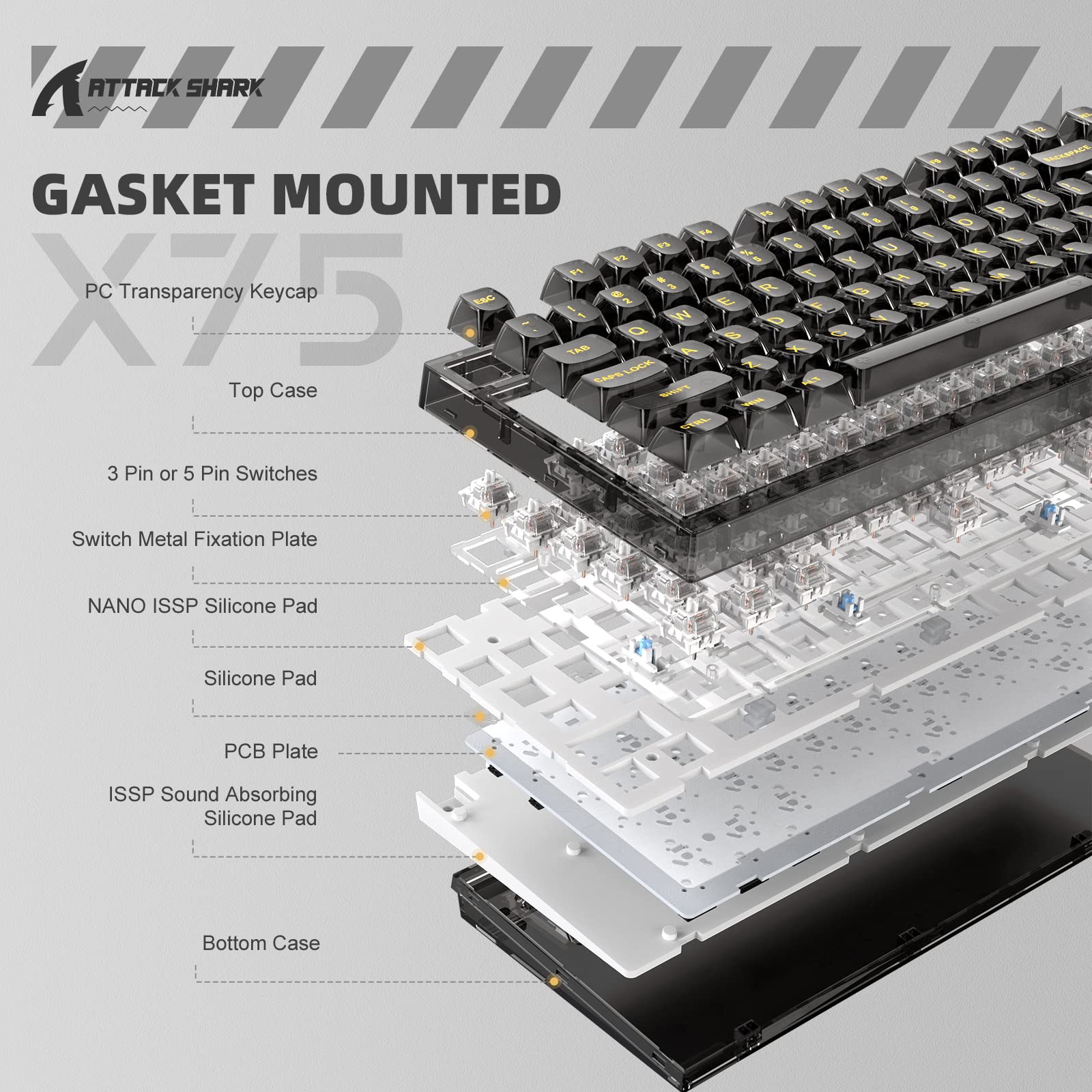 Amazon.com: ATTACK SHARK X75 Hotswap Mechanical Gaming