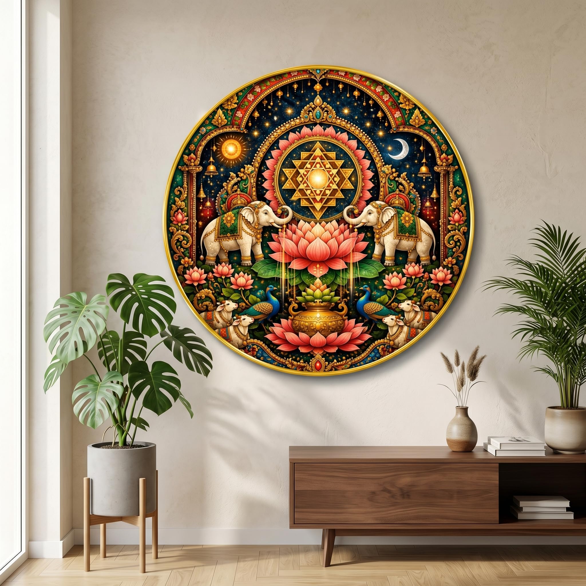SAF Shri Yantra Lakshmi Elephant Wall Painting Round PVC Golden Frame Spiritual Vastu Wall Decor for Home Mandir Living Room Prosperity Mandala Artwork (16 x 16 Inch) GRM-386-image-34