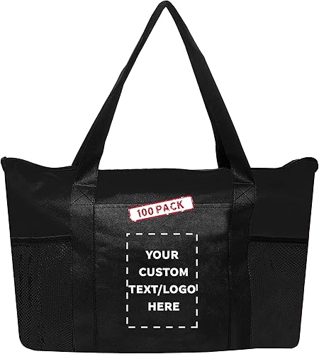 DISCOUNT PROMOS Juego de 100 bolsas de mano no tejidas con cremallera, texto personalizable, logotipo, bolsillo de malla, con cremallera, Negro