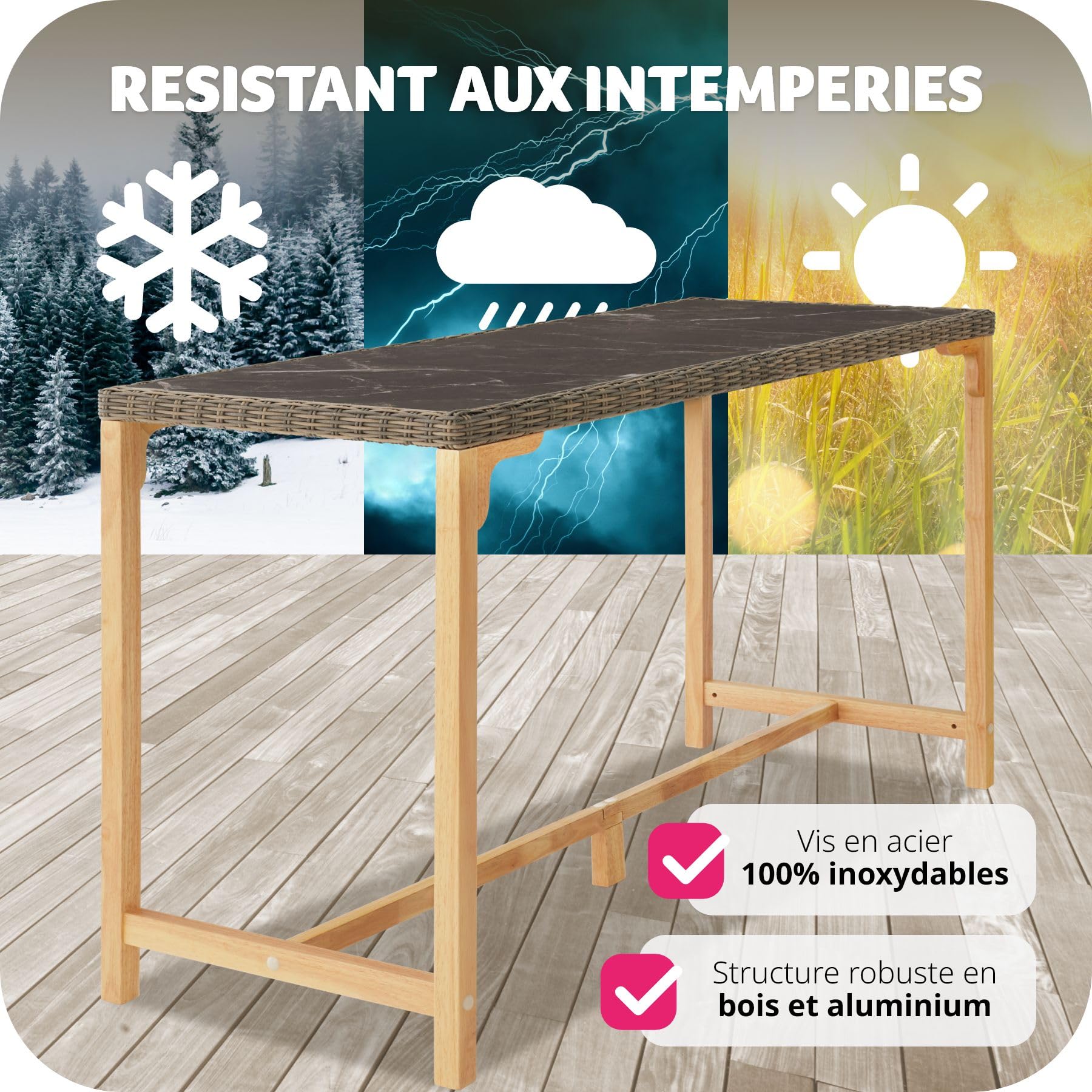 tectake® Table de Bar Haute Extérieur en Résine Tressée & Grès cérame Fin marbré Résistante aux intempéries pour Salon de Jardin, Structure en Aluminium & Bois Massif, Mobilier de Jardin